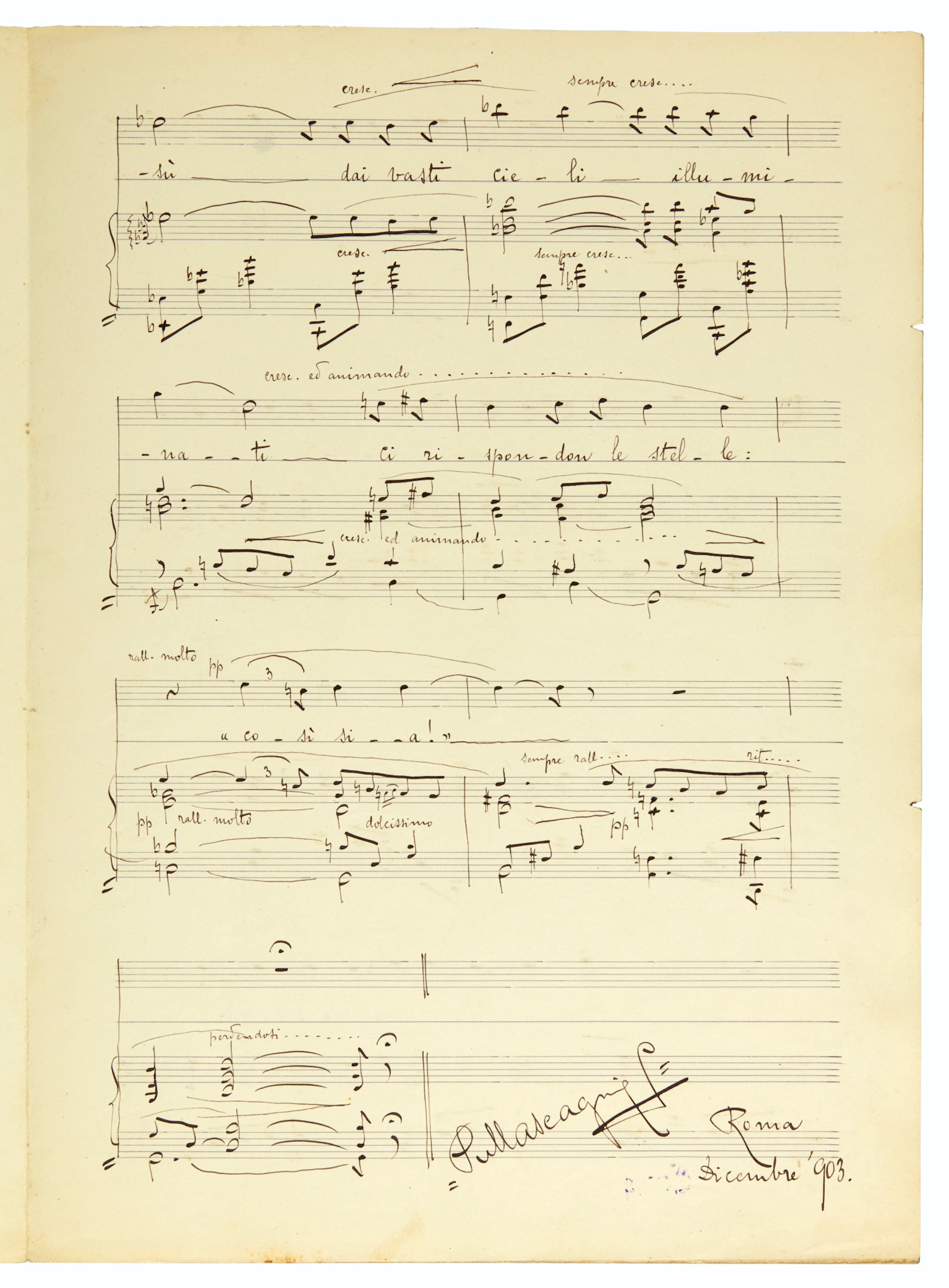 Autograph manuscript of the romanza "Ascoltiamo!...", signed at the