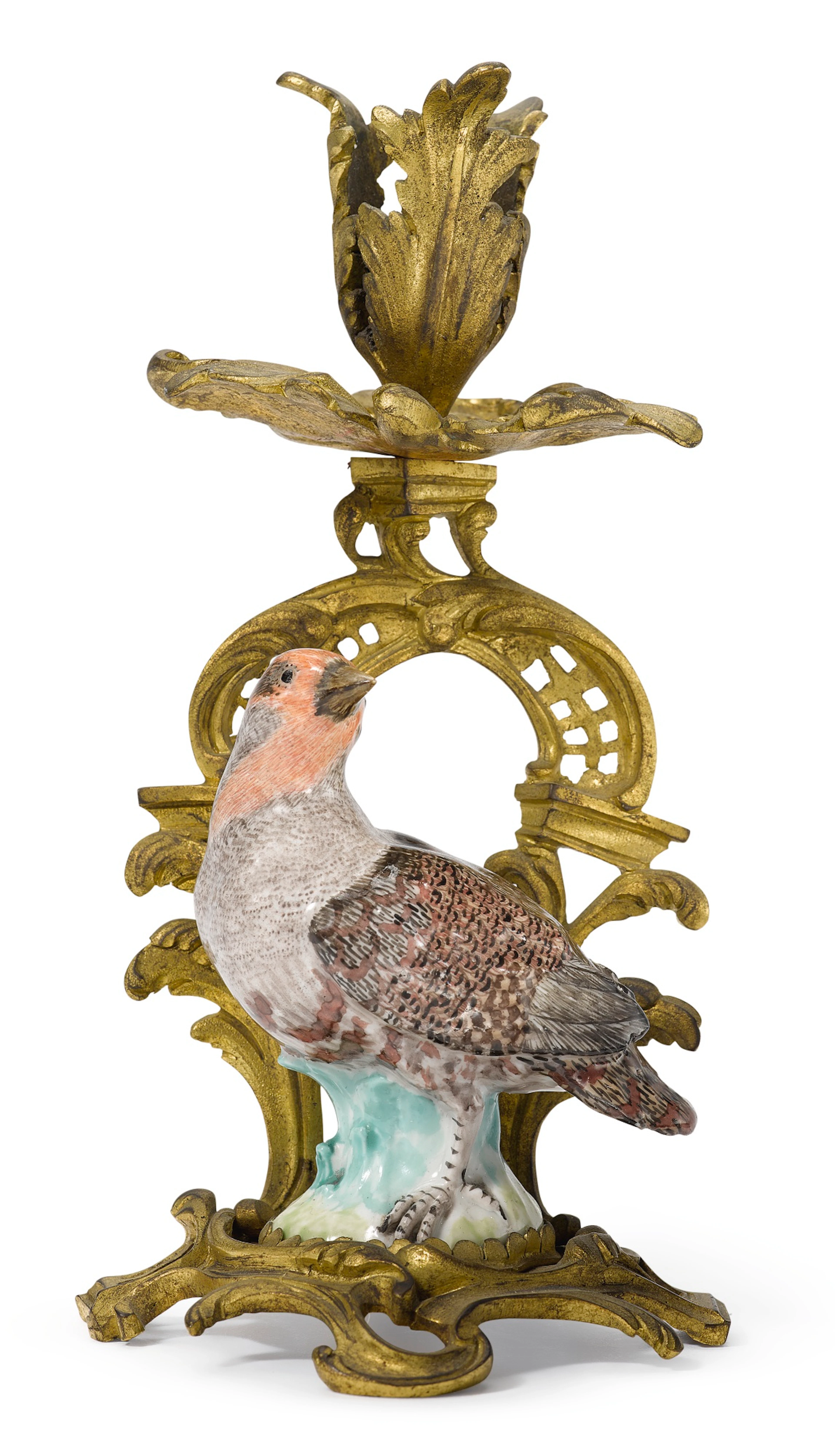 A meissen figure of a partridge mounted in ormolu as a...