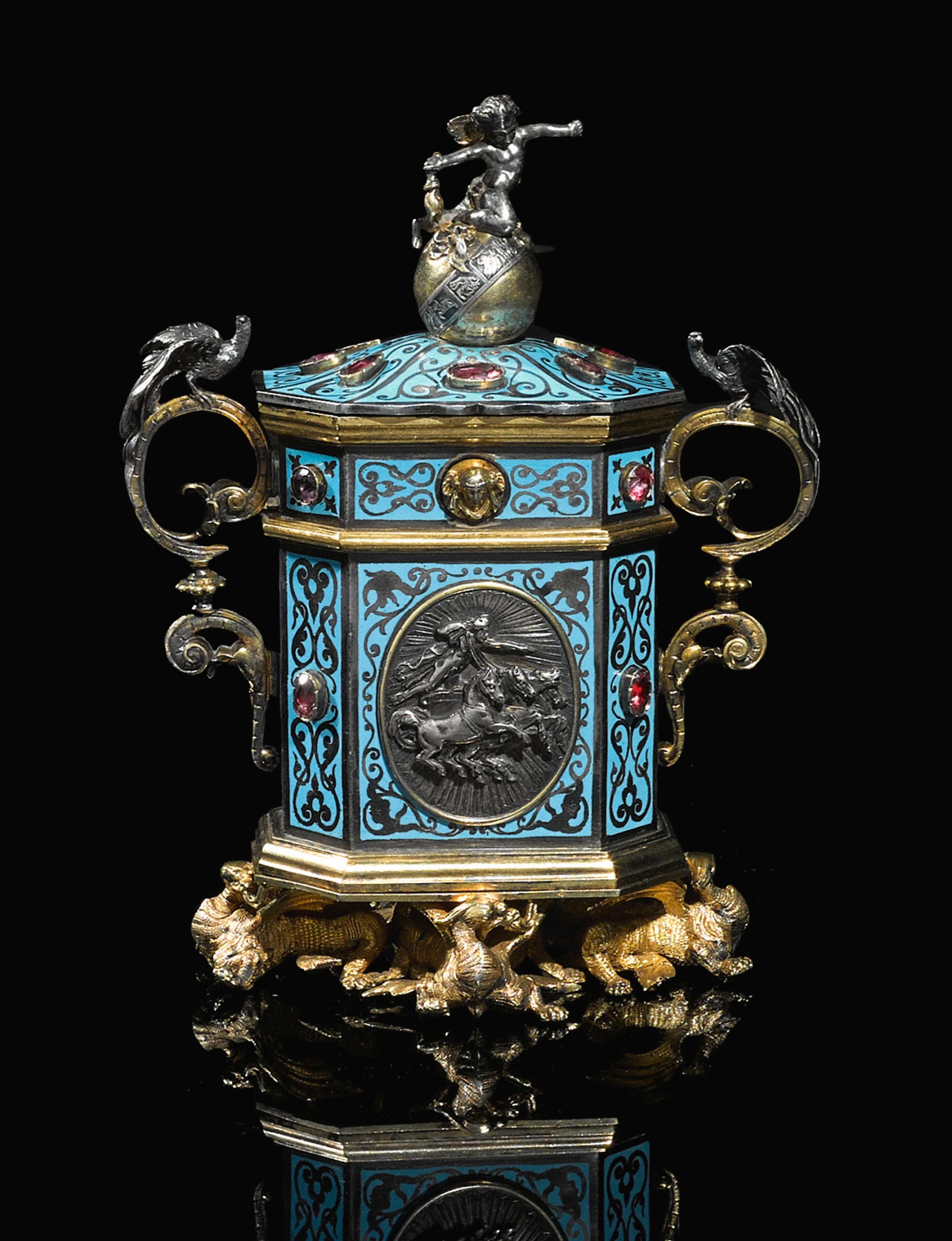 A JEWELLED PARCEL-GILT SILVER AND ENAMEL VESTA BOX, JULES WIÈSE FOR