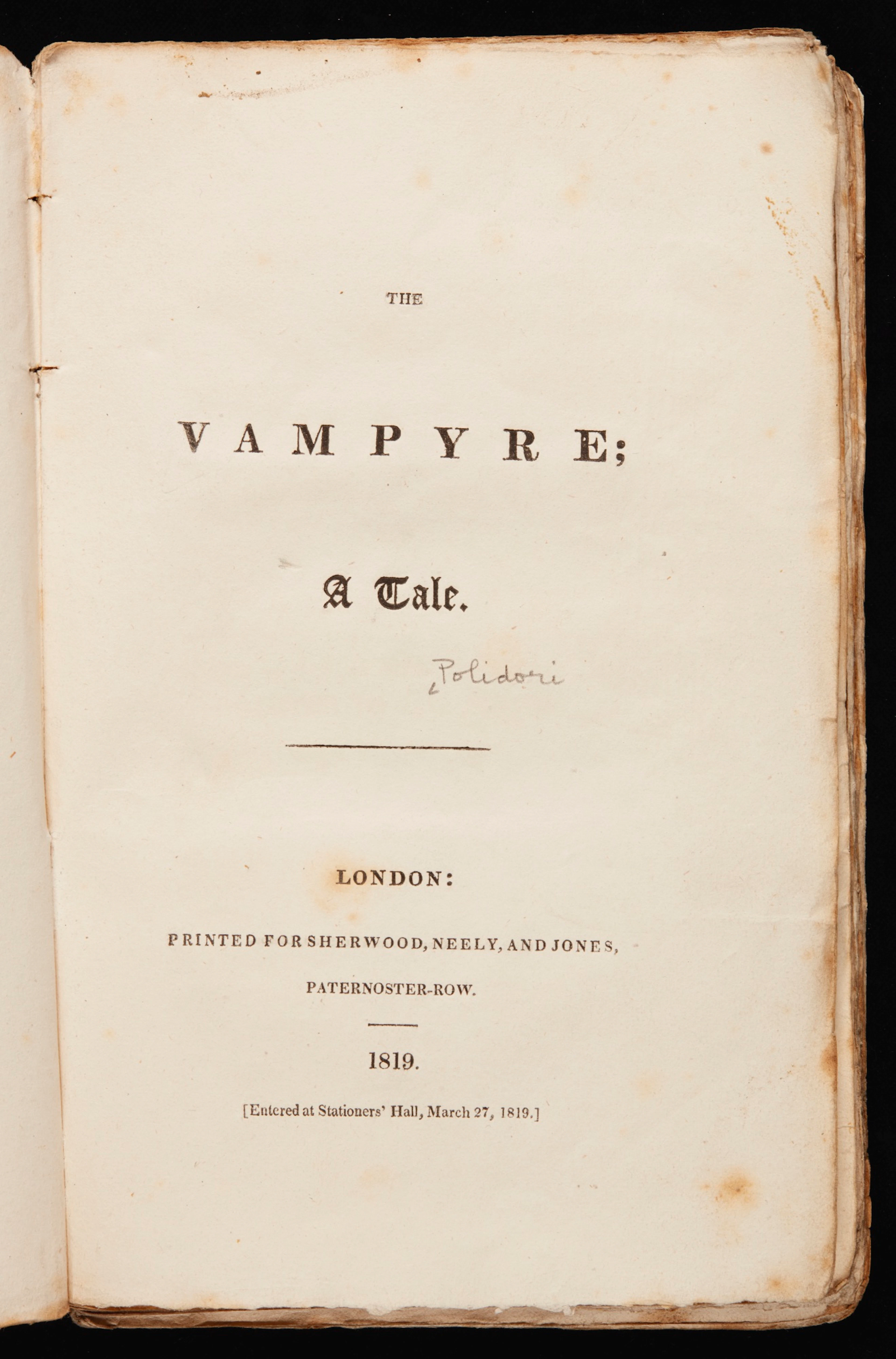 The Vampyre; a Tale. London: for Sherwood, Neely and Jones, 1819