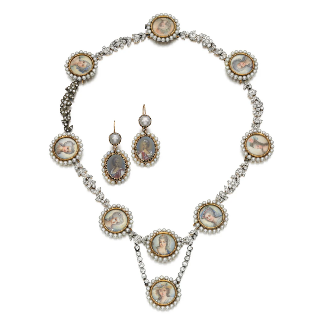 Seed pearl, diamond and mother-of-pearl necklace and pendent earrings