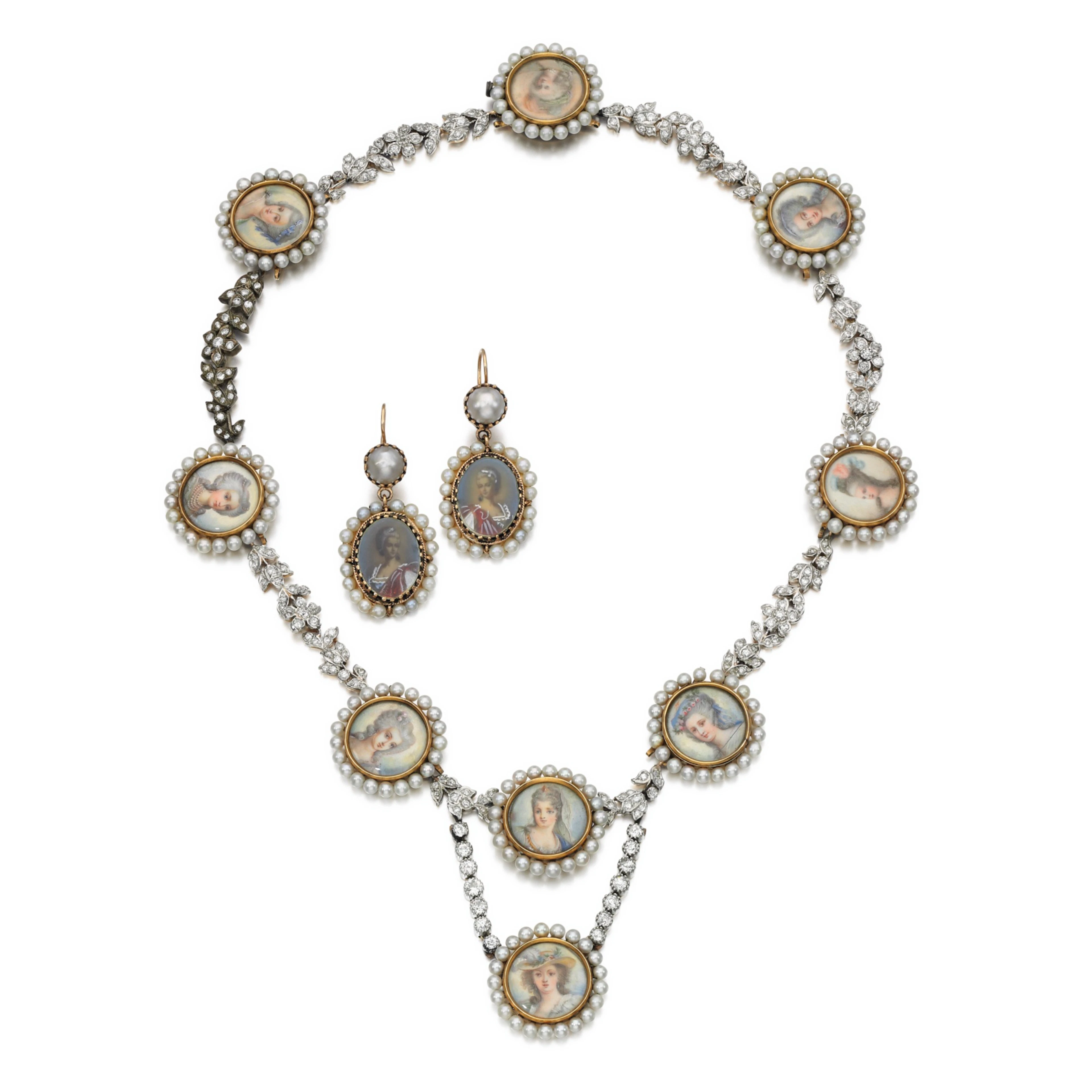 Seed pearl, diamond and mother-of-pearl necklace and pendent earrings