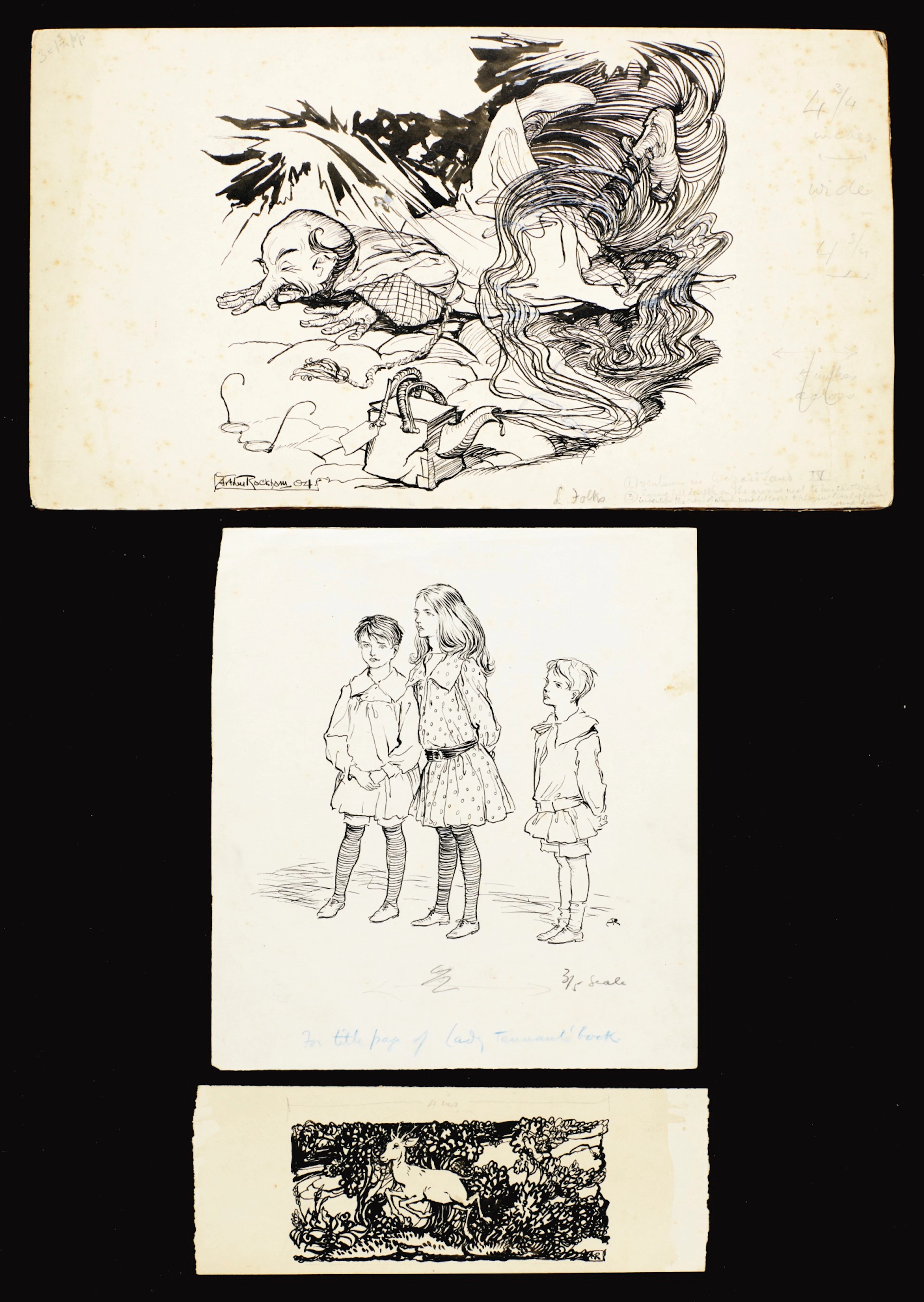 Three ink drawings on three sheets (for The Rainbow Book, The Children