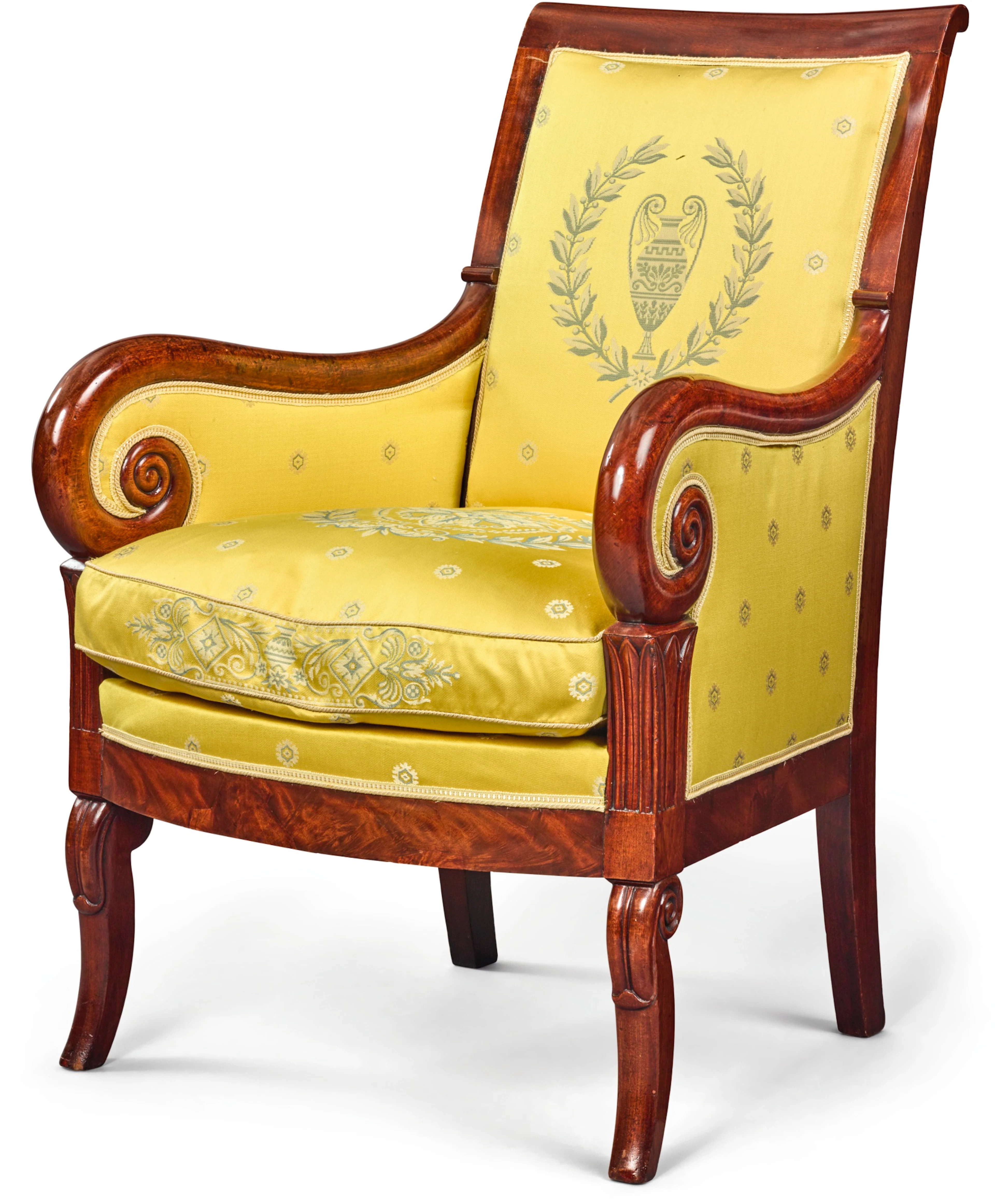 Rare classical carved mahogany fauteuil-gondole, attributed to duncan