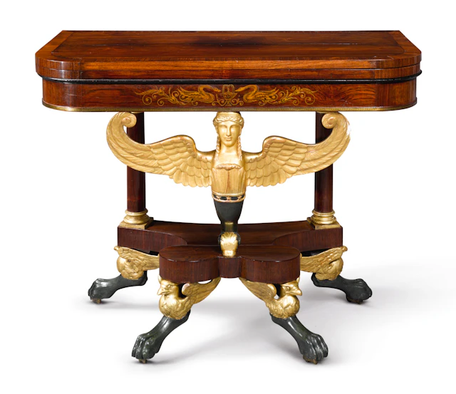 CLASSICAL BRASS INLAID AND CARVED GILTWOOD AND VERTE ANTIQUE ROSEWOOD GAMES TABLE