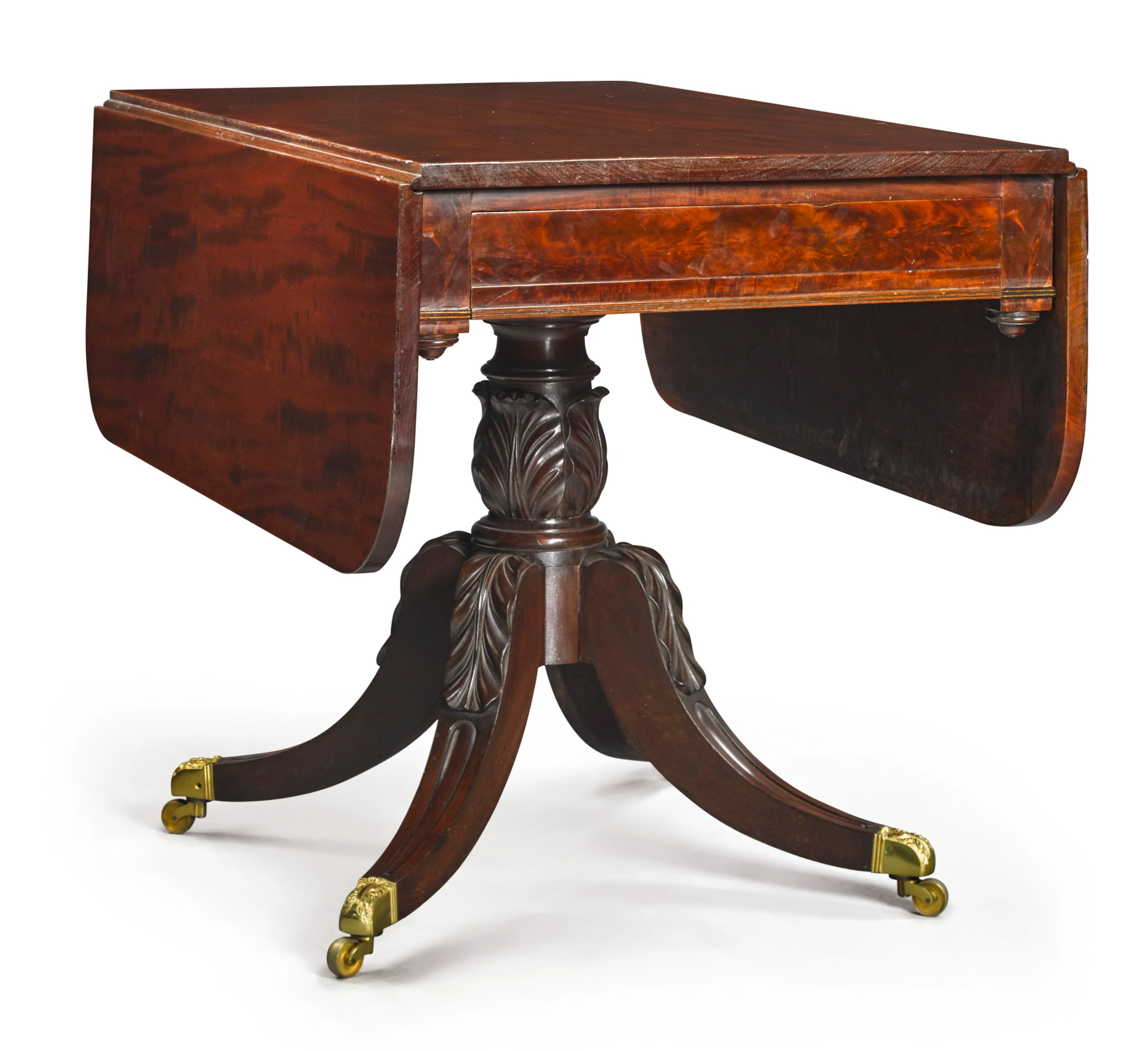 Fine classical brass inlaid, carved and figured mahogany drop-leaf