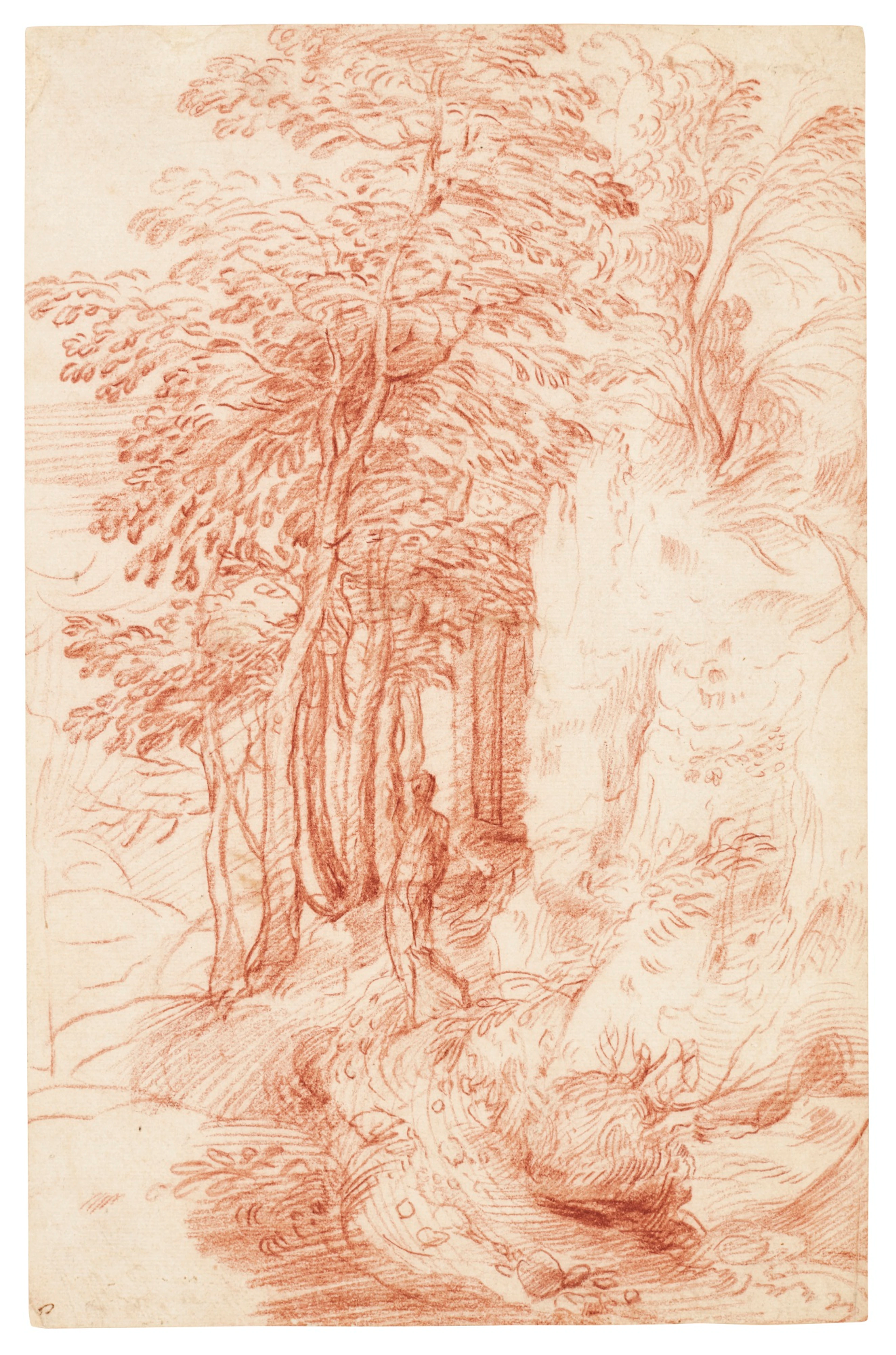 A landscape with trees and a figure