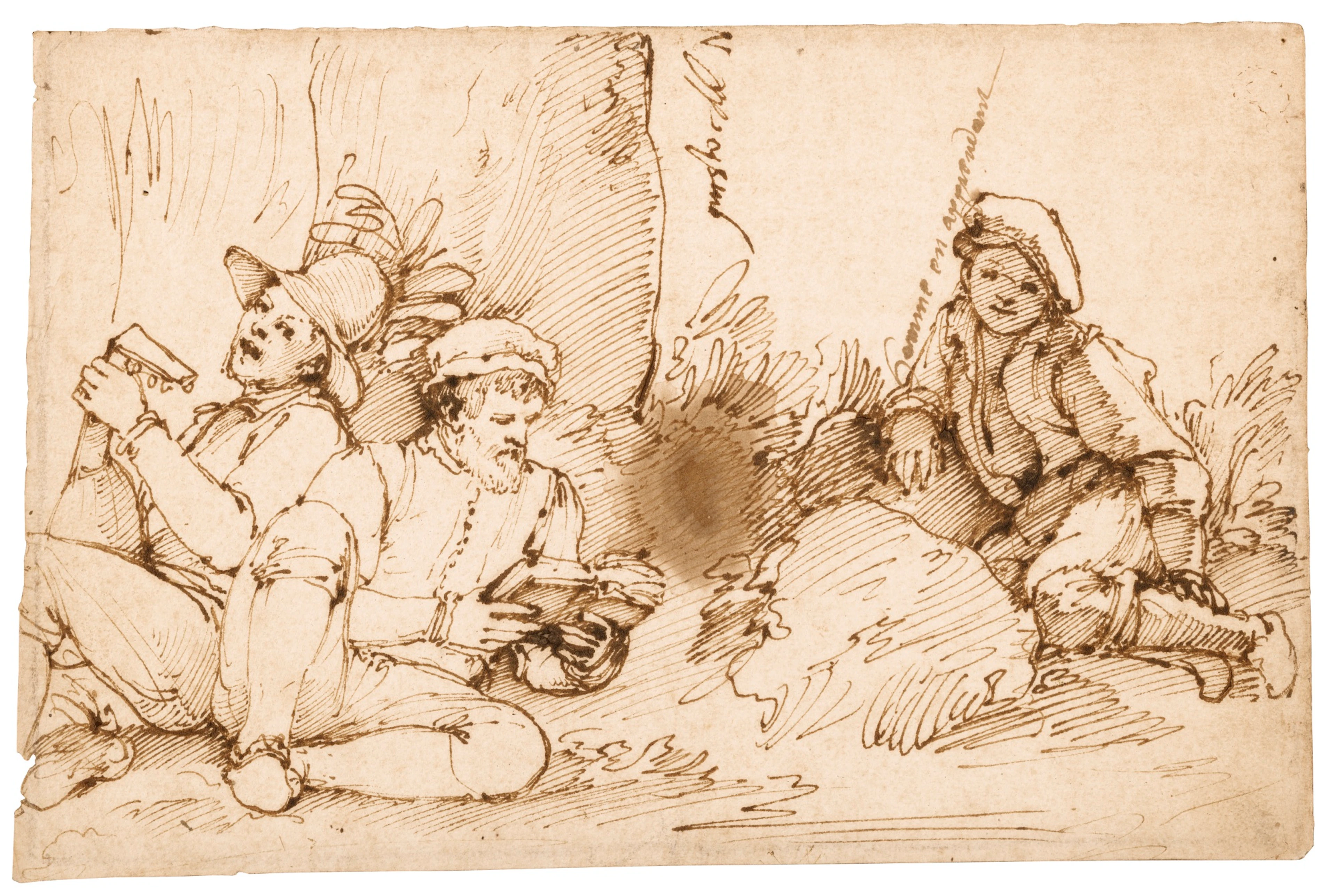Two men, one playing a lute and one reading and a boy seated in a landscape