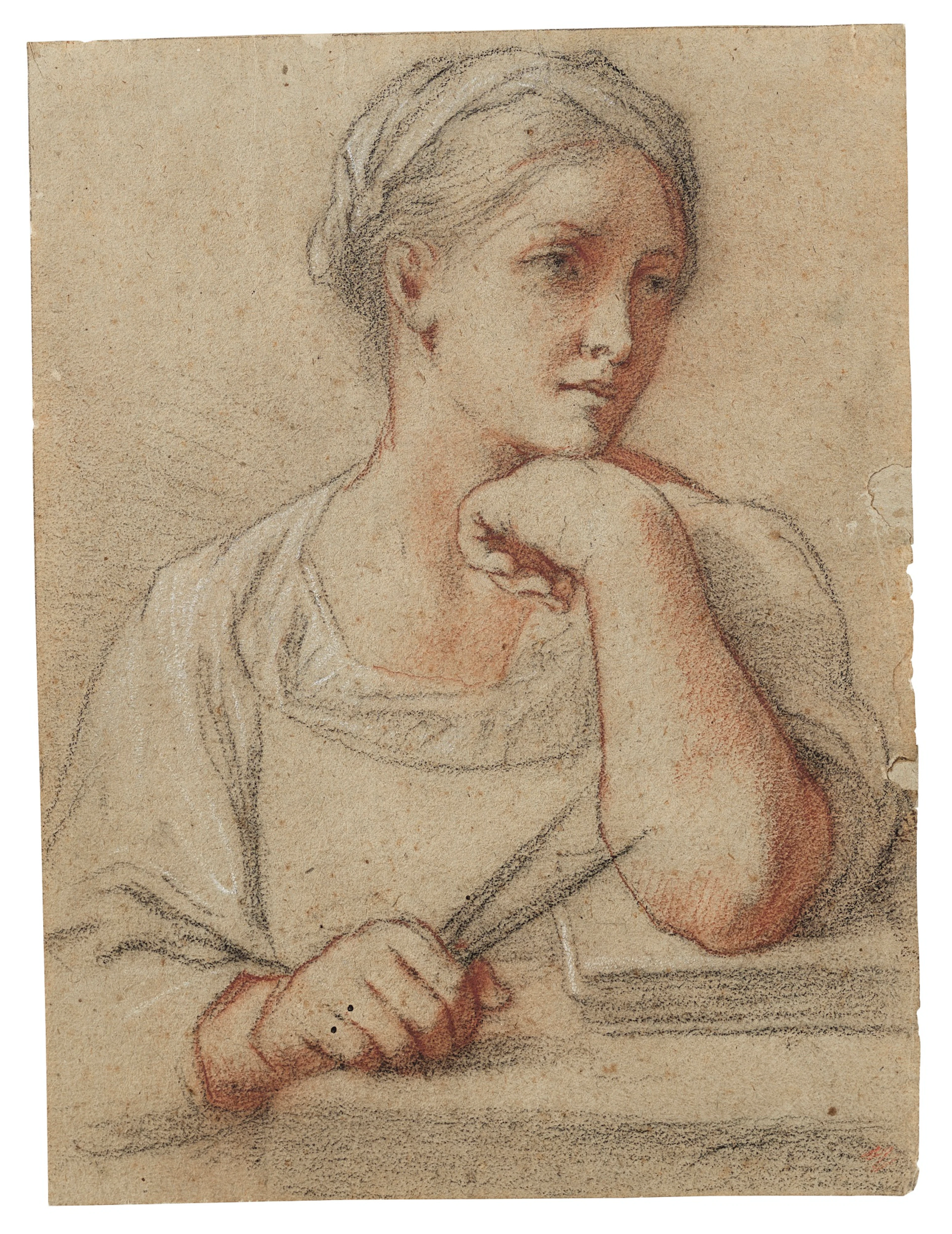 Study of a young woman, her arm resting on a book, holding a compass