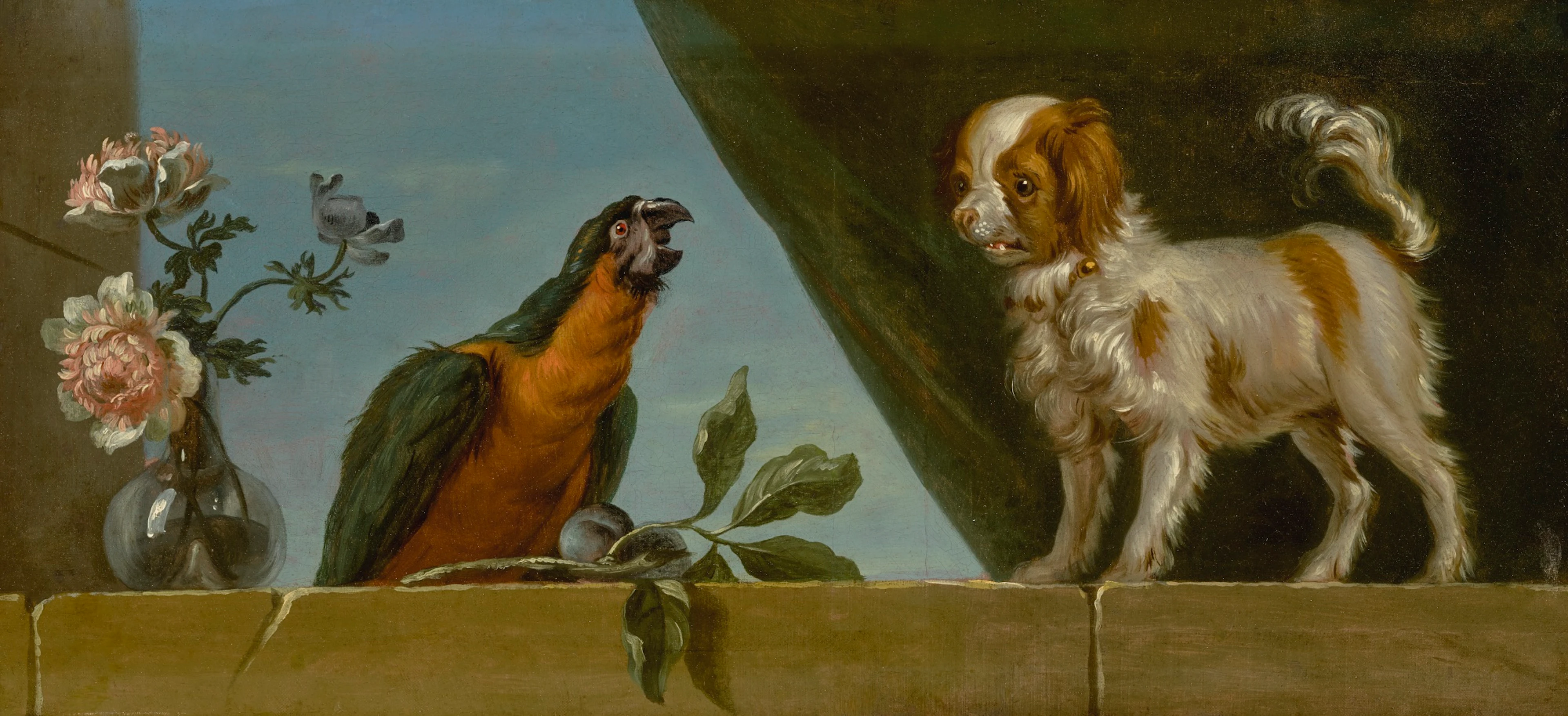 A parrot and a dog on a stone ledge alongside a vase of flowers, a