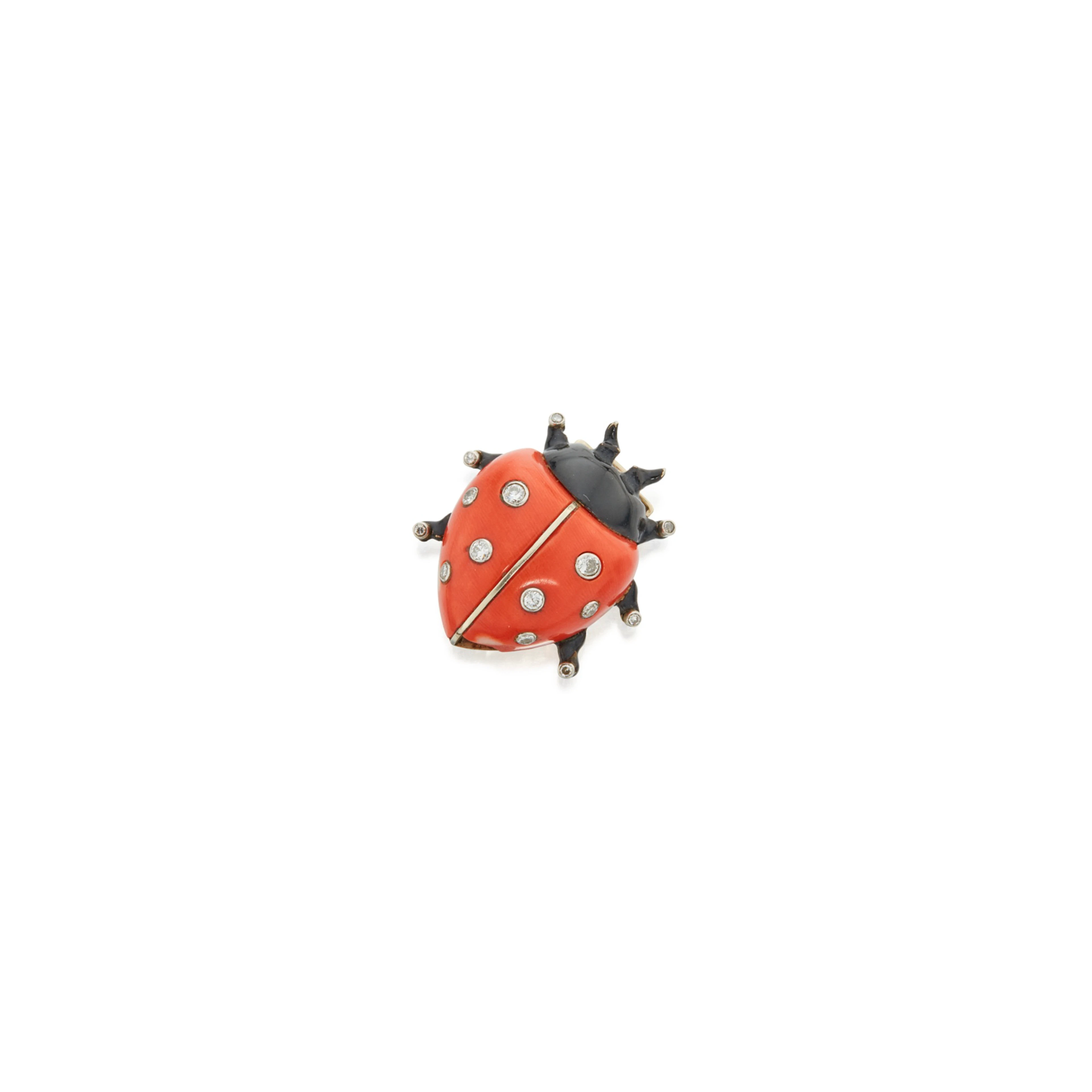 Coral, enamel and diamond 'coccinelle' clip-brooch, cartier, paris