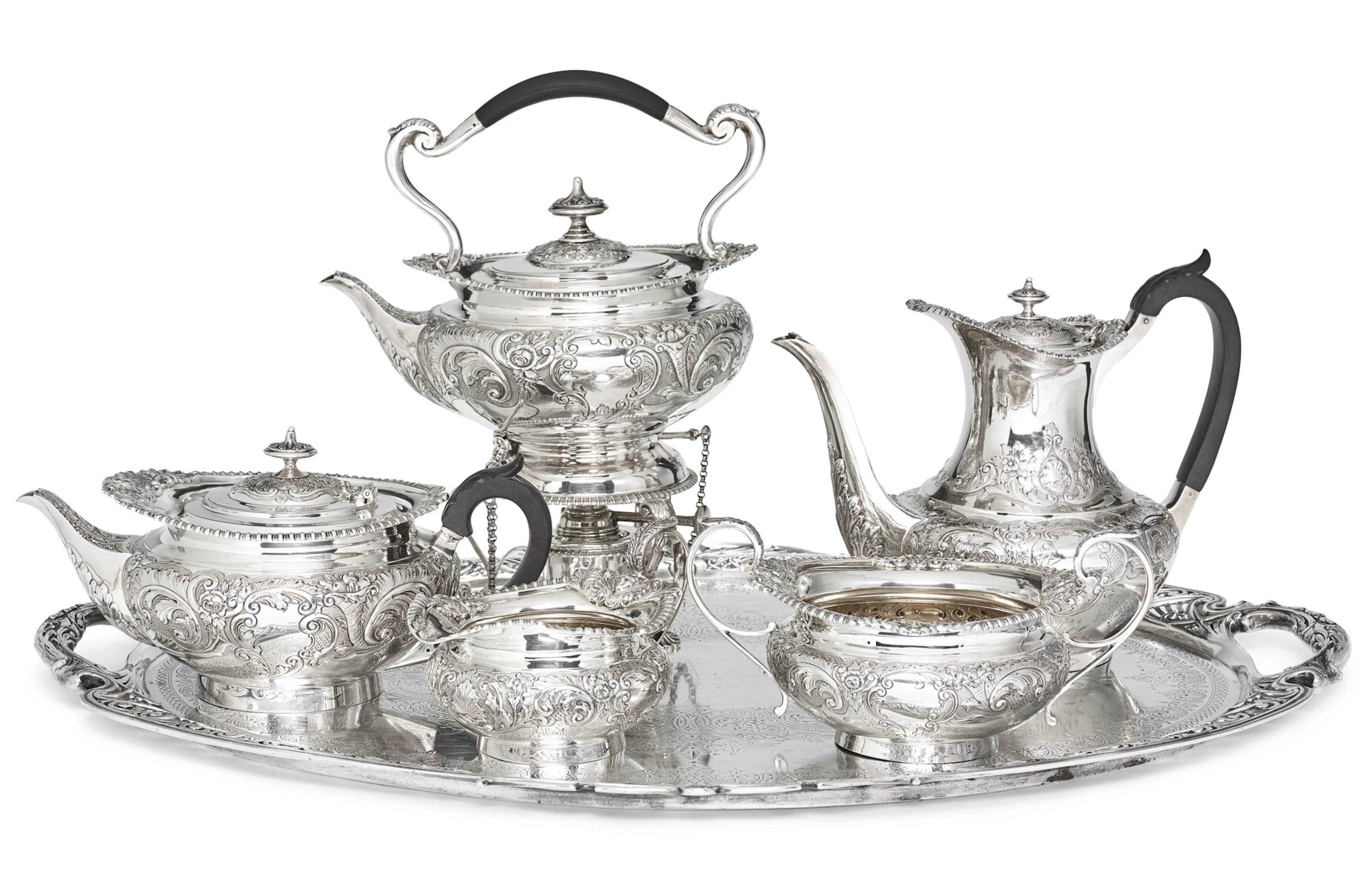 AN ENGLISH SILVER FIVE-PIECE TEA AND COFFEE SET IN FITTED CASE