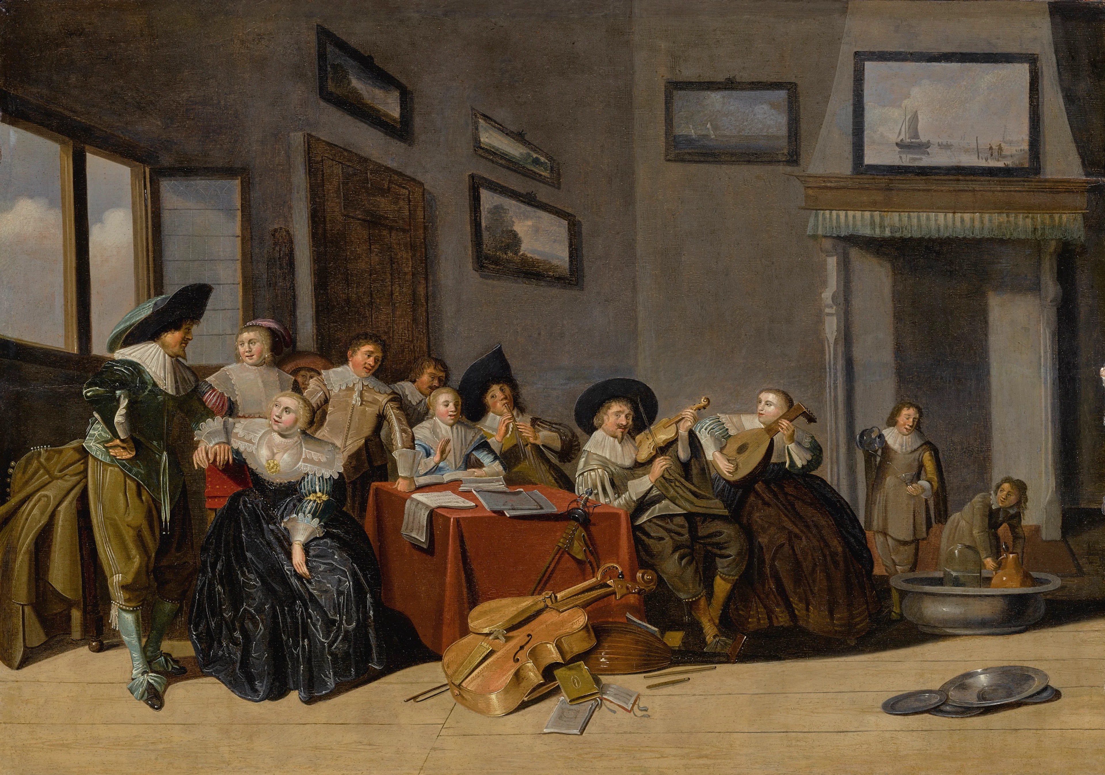An interior scene with cavaliers and a group of ladies playing...