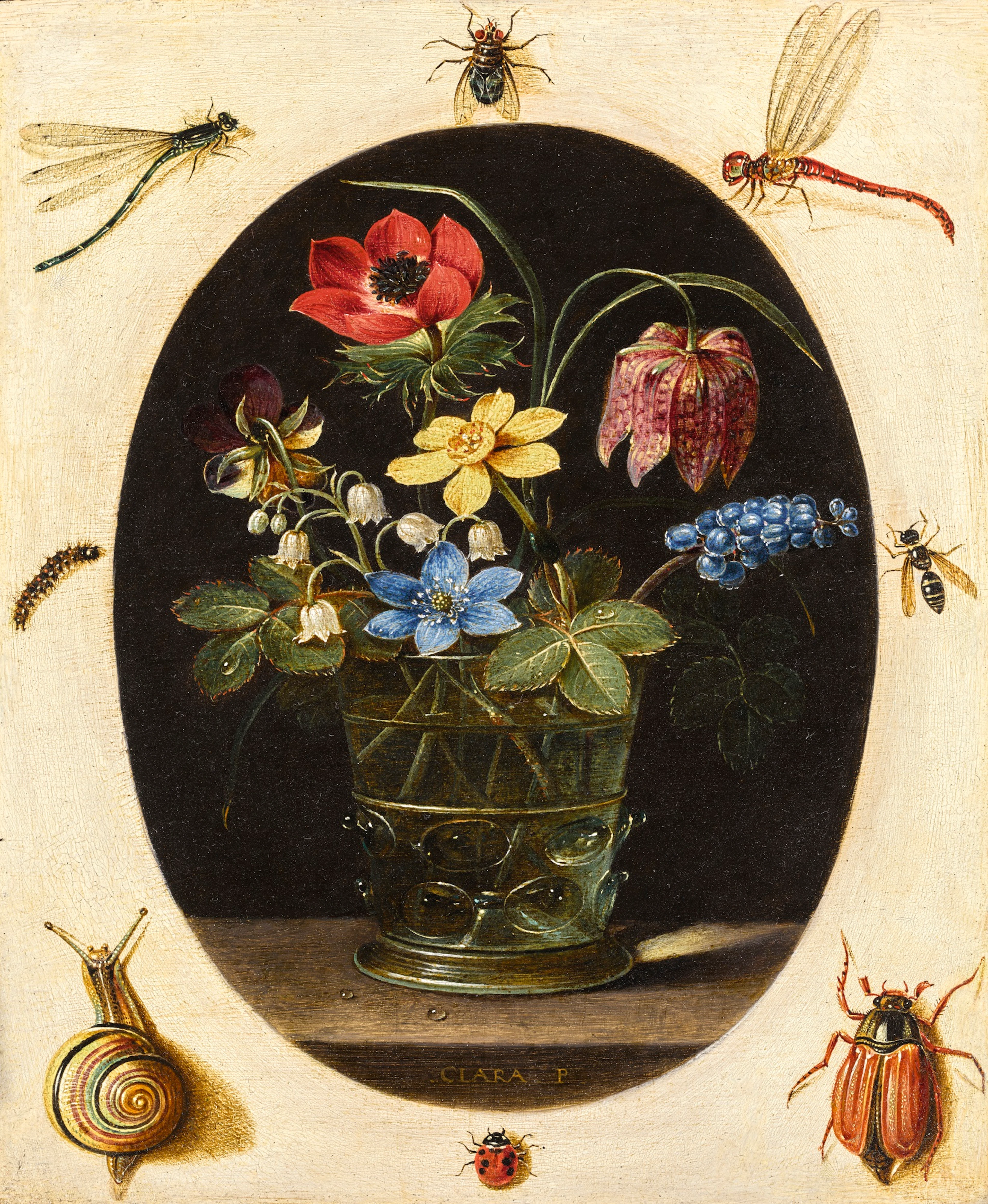 Still life with flowers in a glass vase surrounded by insects and a snail
