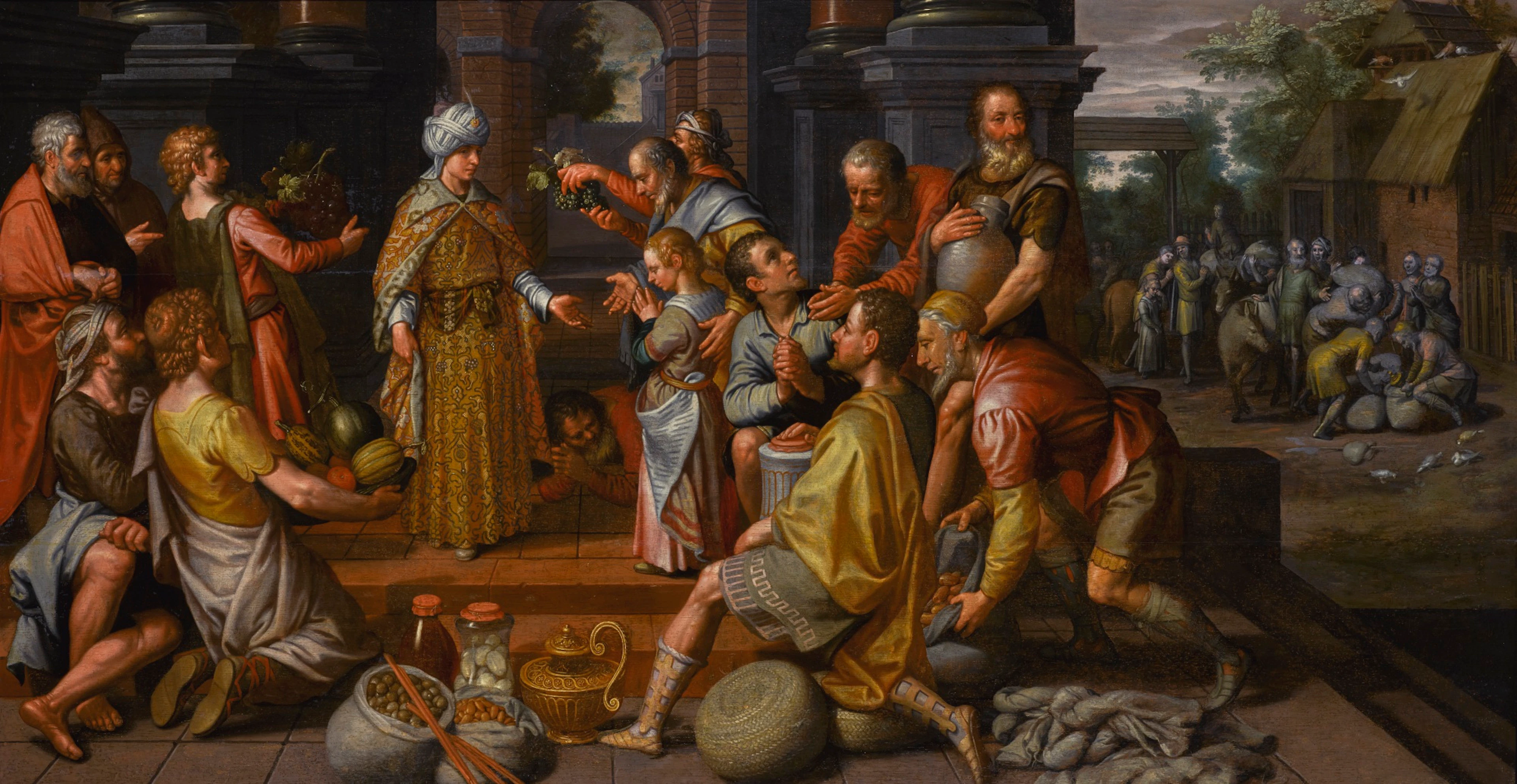 Joseph distributing the harvest to the Egyptians and Benjamin...