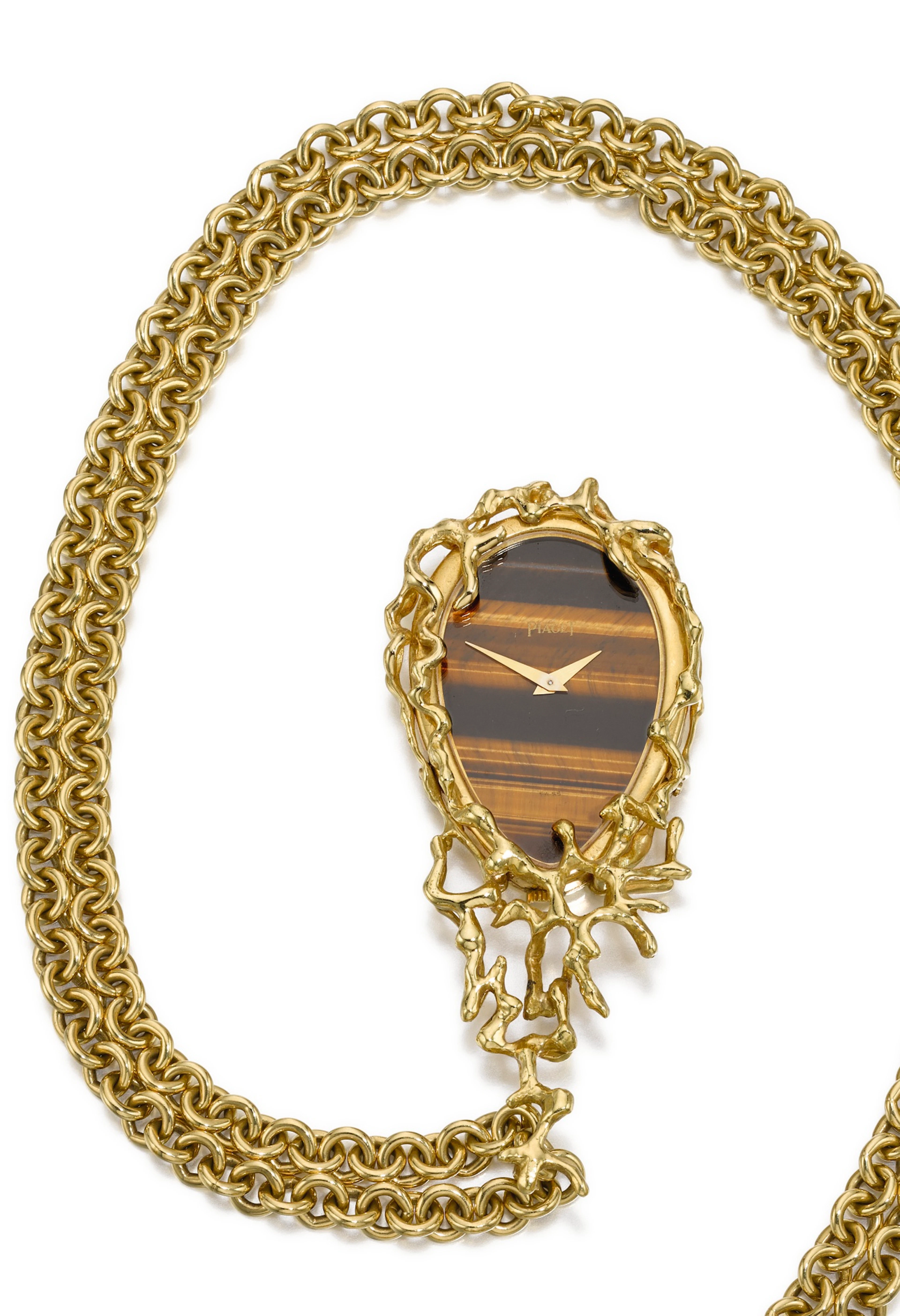 A yellow gold oval form pendant watch with tiger's eye dialcase...