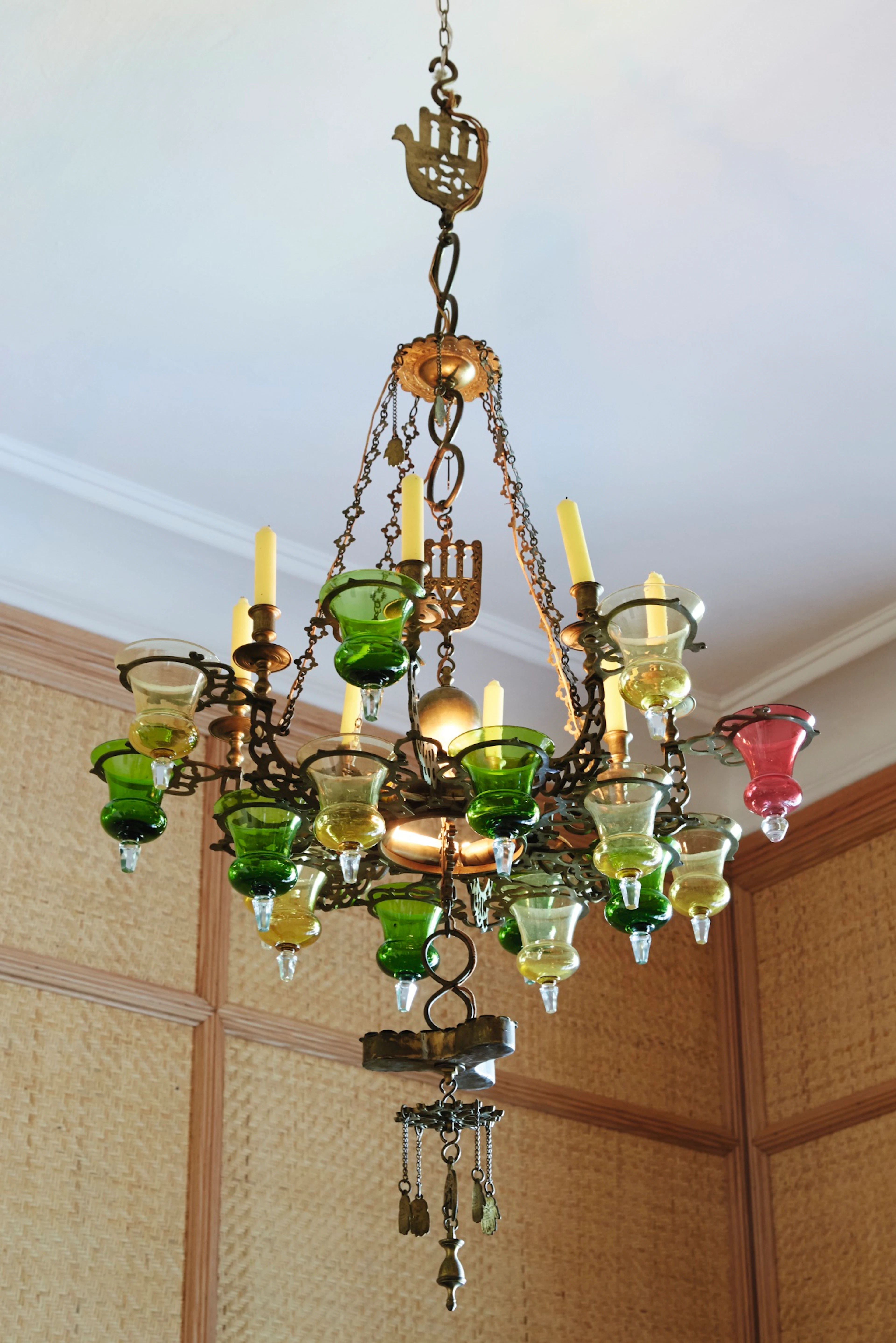 A BRASS AND COLORED GLASS MOSQUE CHANDELIER