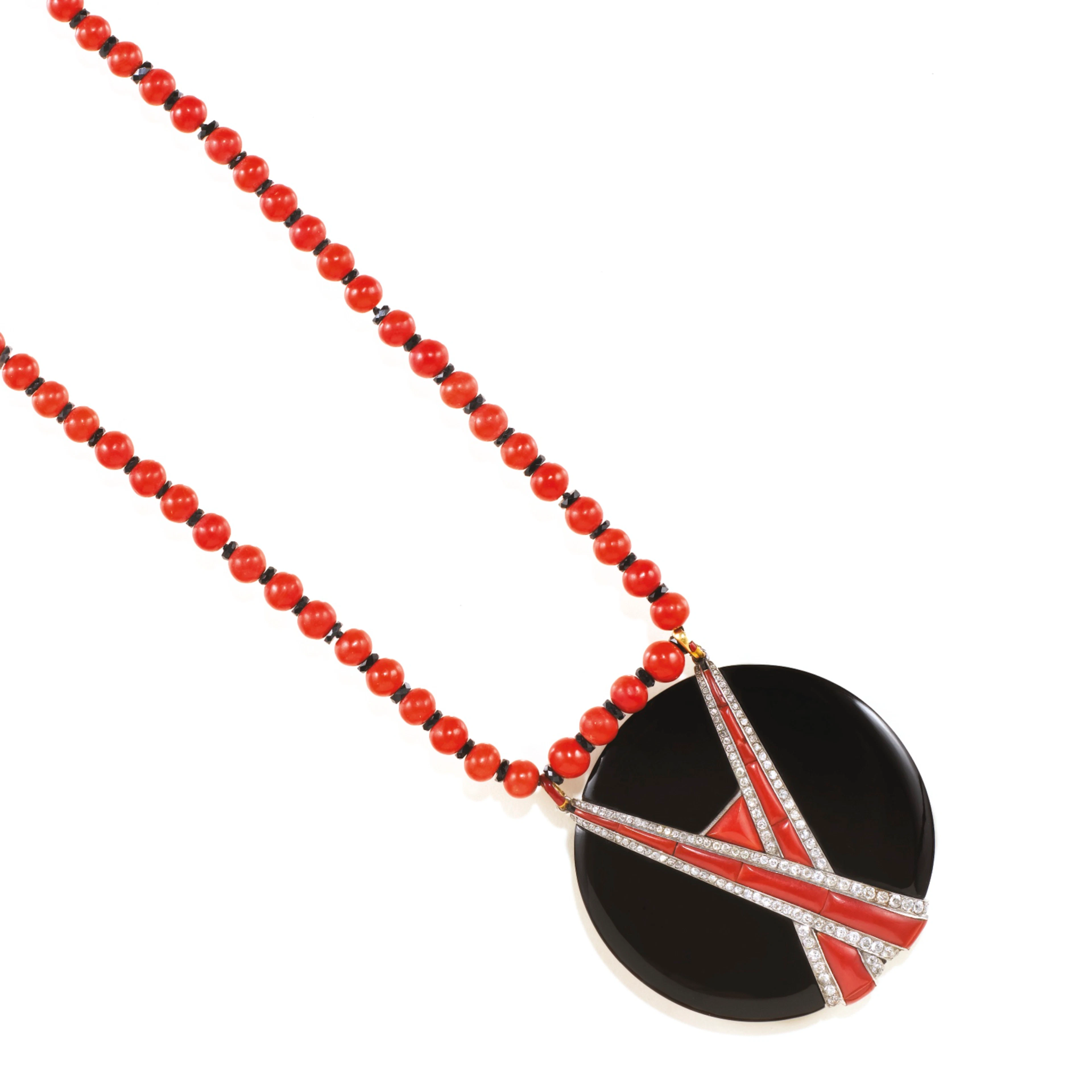 Coral, onyx and diamond pendant, georges fouquet, circa 1925 and a sautoir