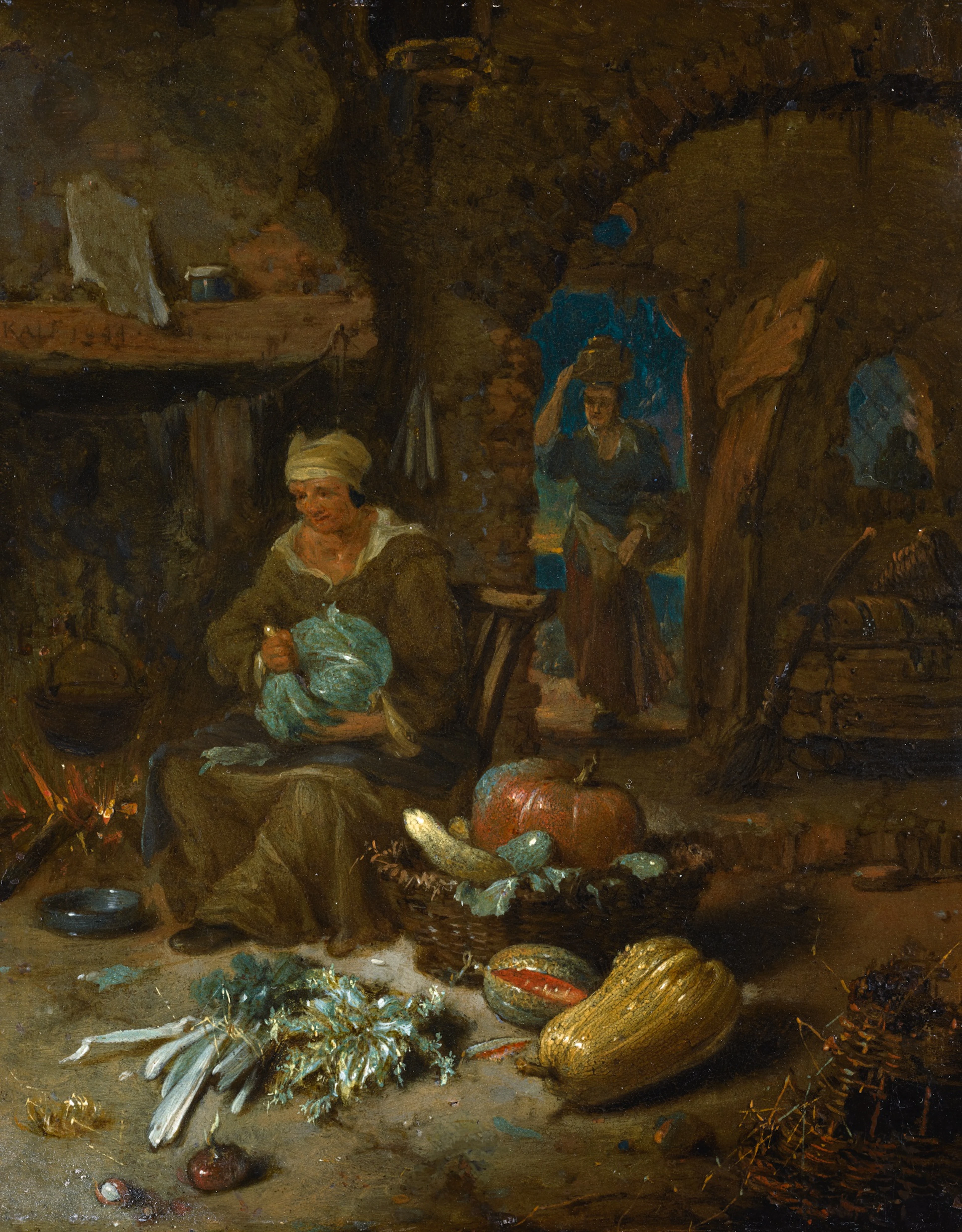 WILLEM KALF | Barn interior with an old woman and still life of vegetables