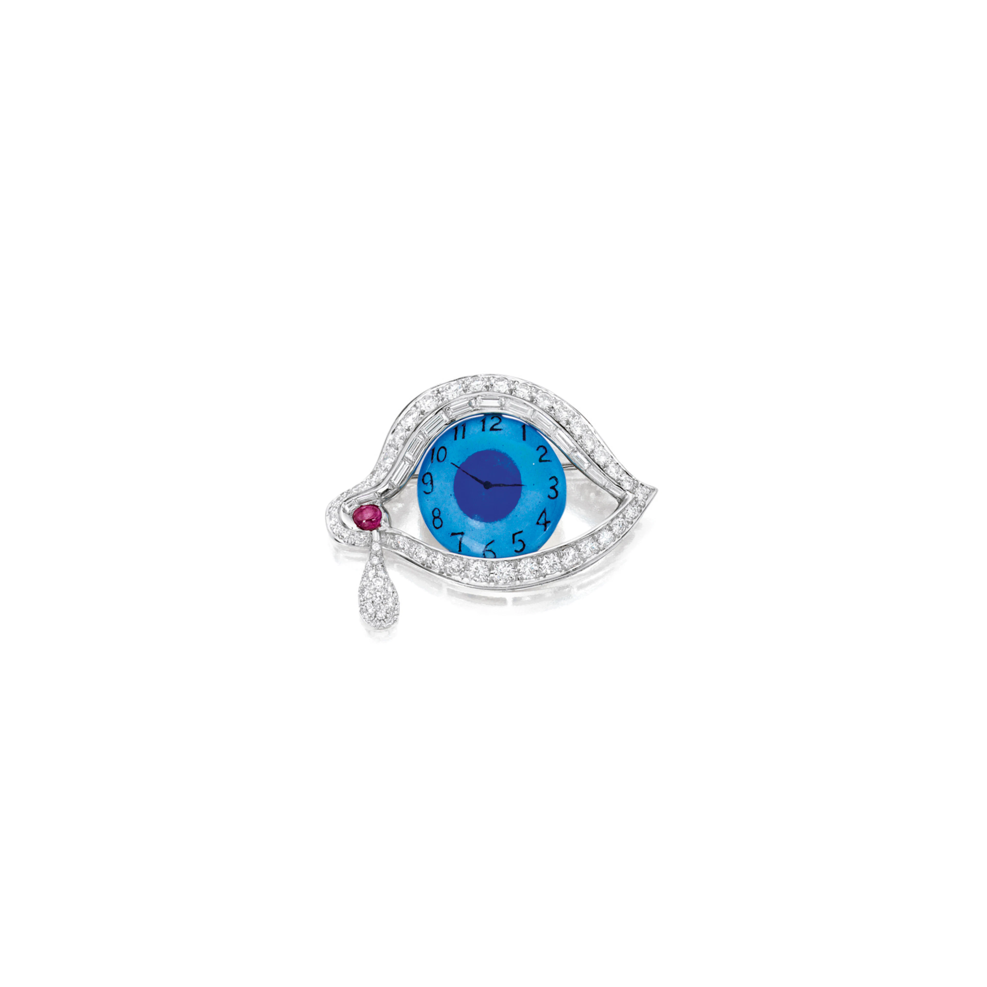 ENAMEL, DIAMOND AND RUBY 'EYE OF TIME' BROOCH
