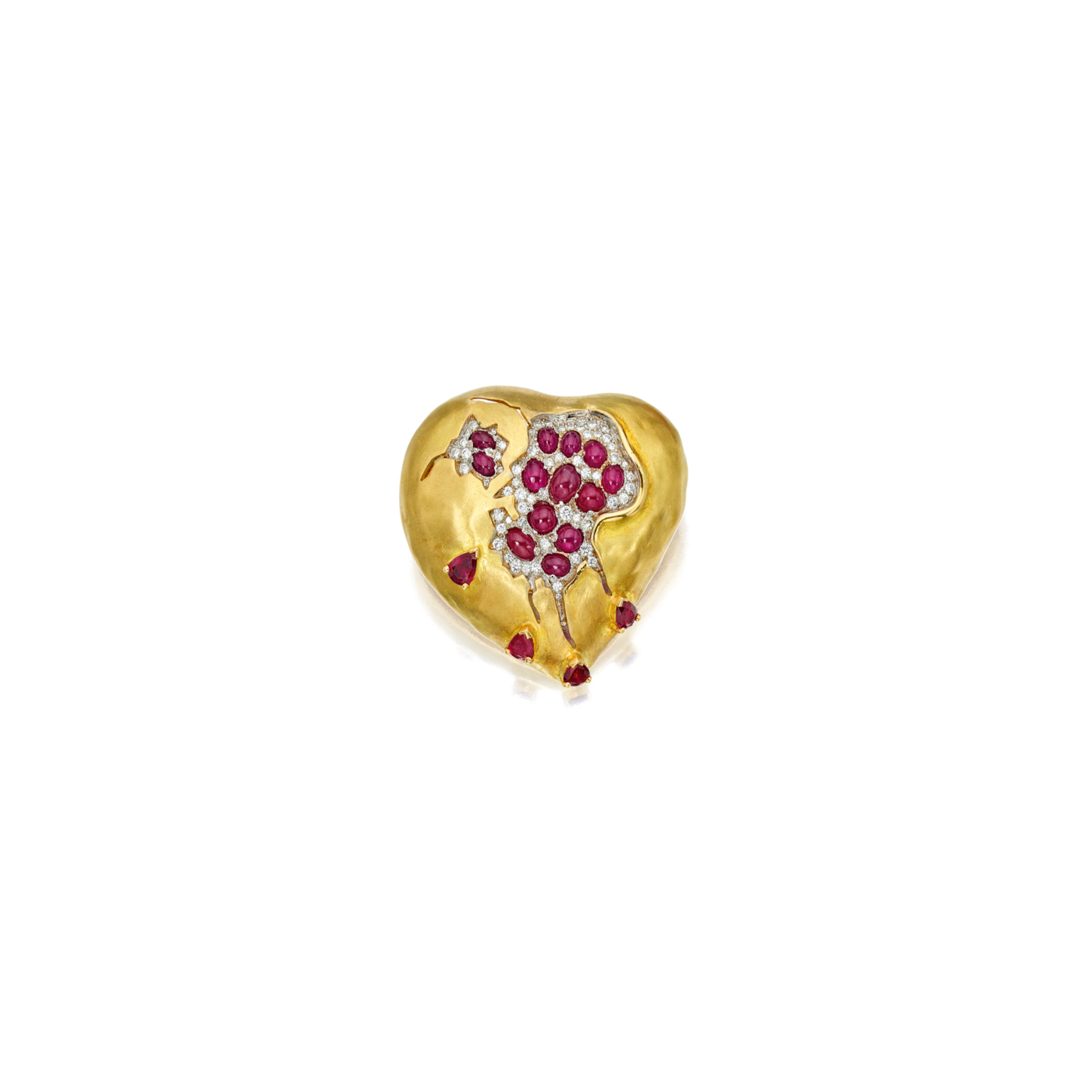 GOLD, RUBY AND DIAMOND 'POMEGRANATE HEART' BROOCH