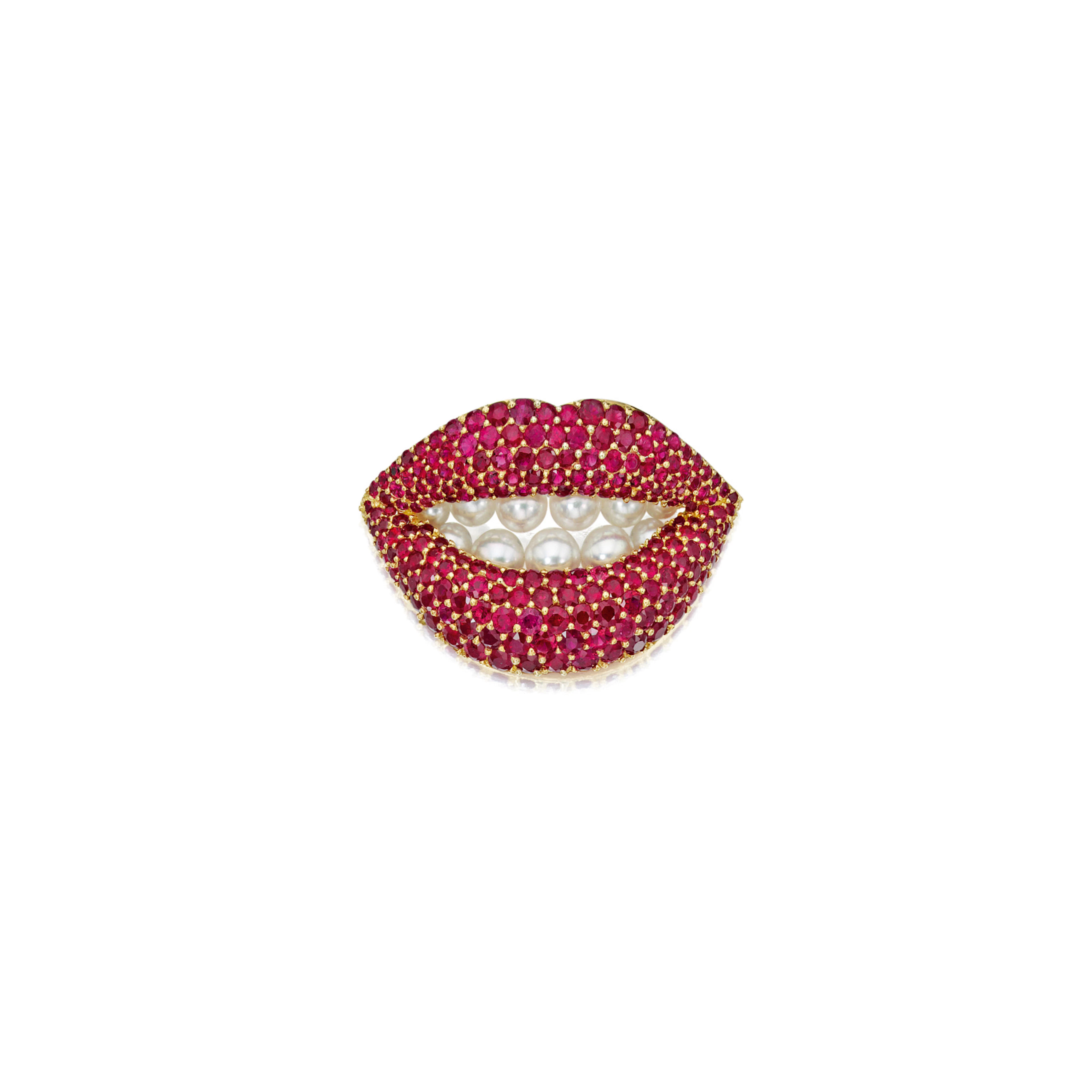 RUBY AND CULTURED PEARL 'RUBY LIPS' BROOCH