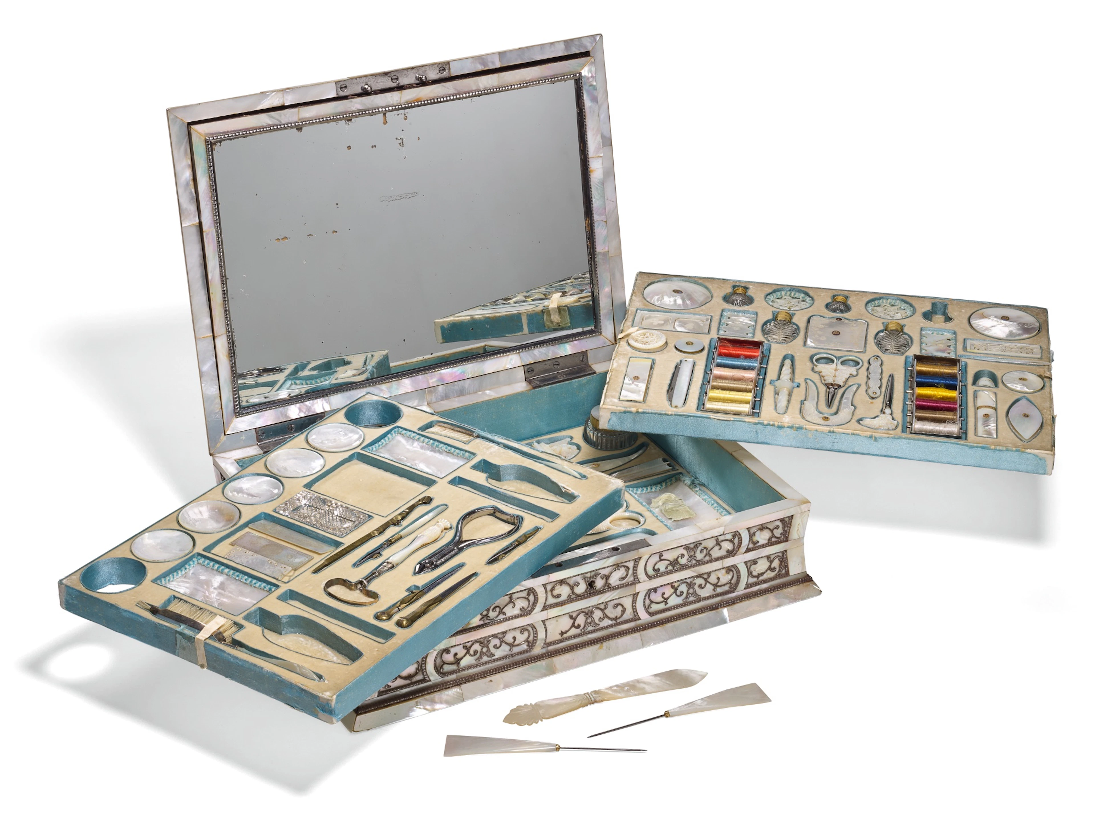 A viennese mother-of-pearl inlaid sewing casket, circa 1820-1830