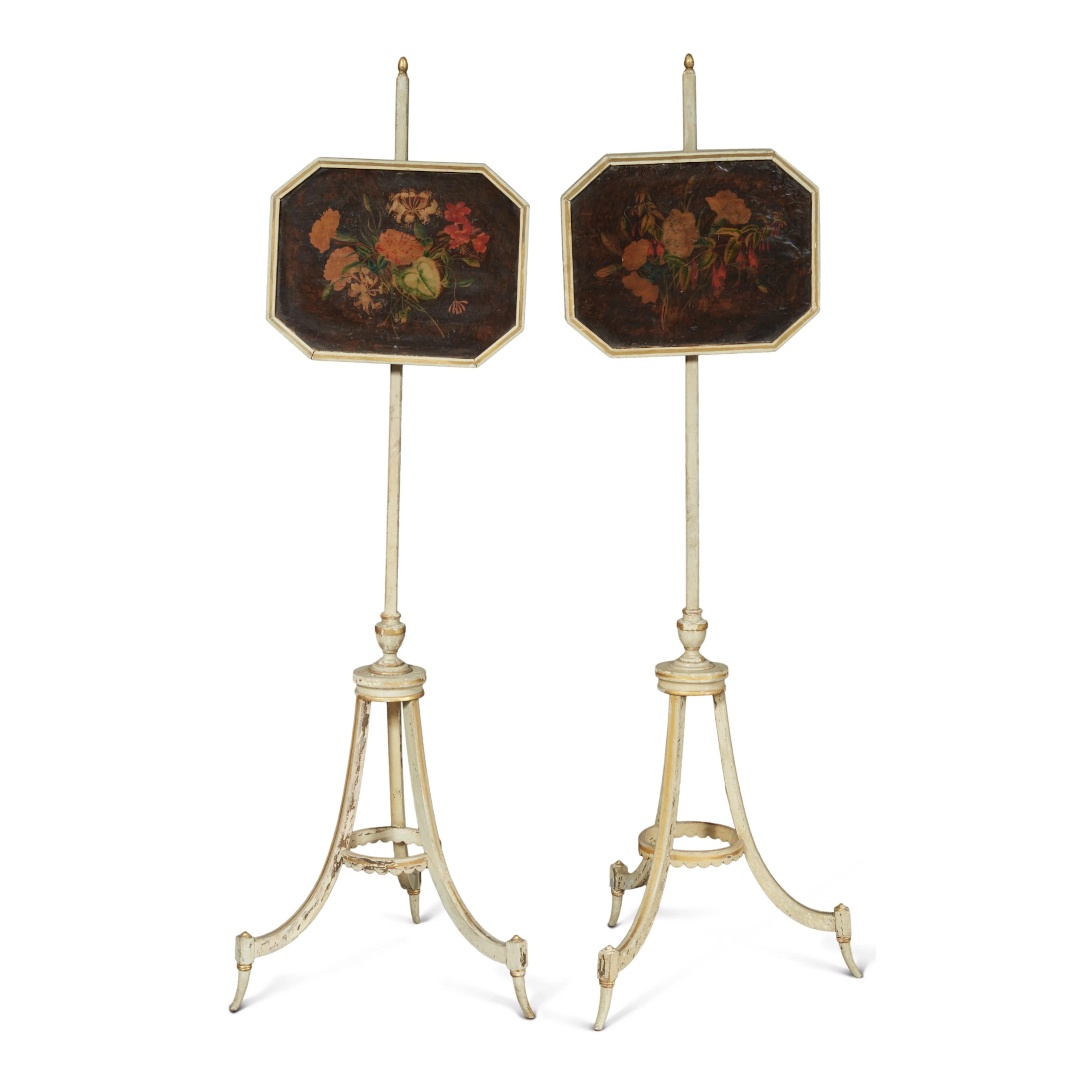 A pair of late george iii parcel-gilt white-painted pole screens, circa 1800