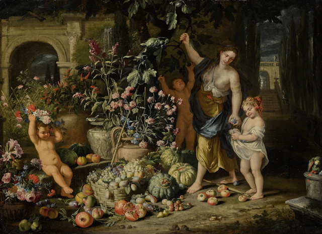 Abraham brueghel and nicola vaccaro | a young woman...