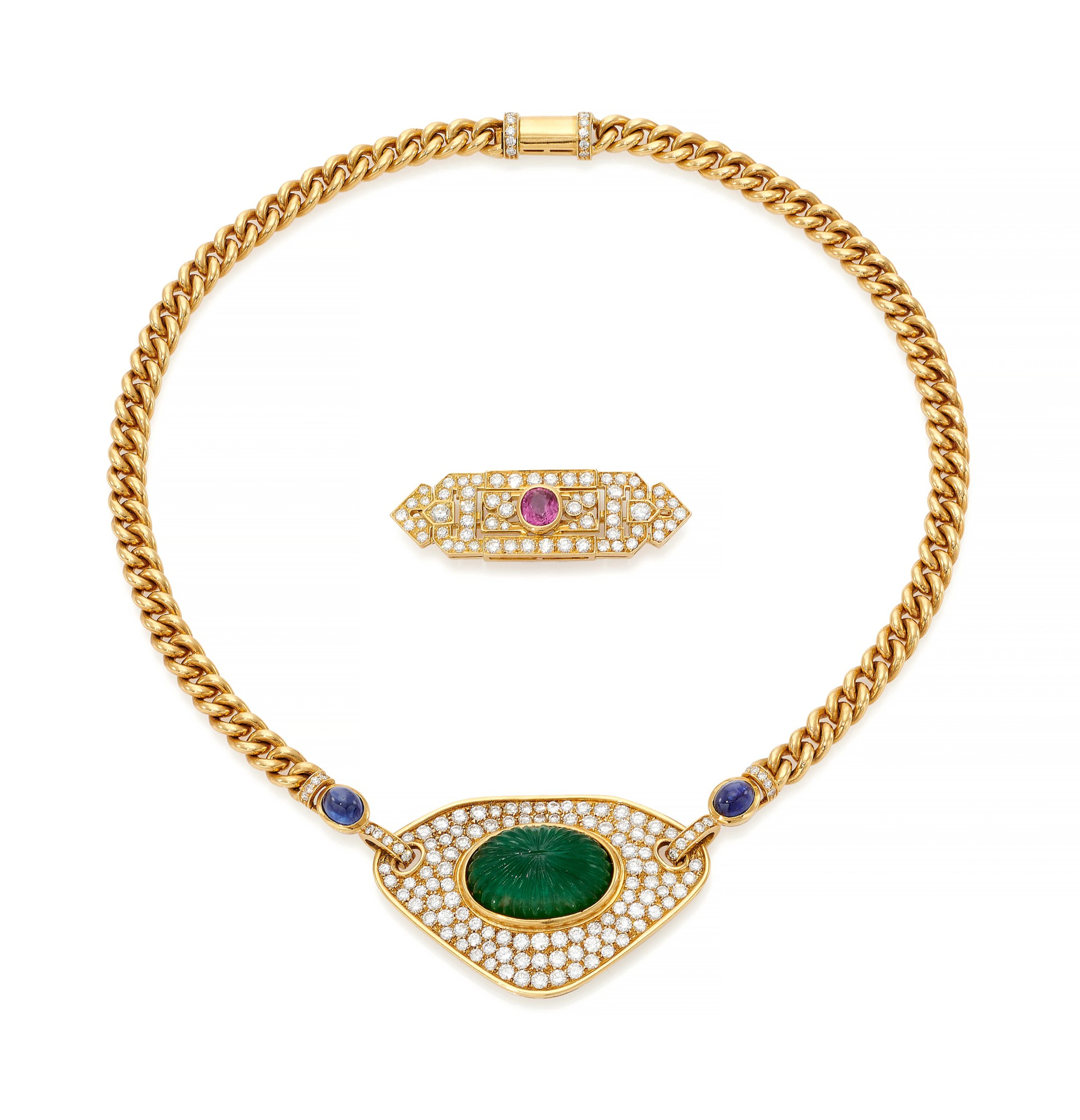 Emerald, sapphire and diamond necklace and pink sapphire...