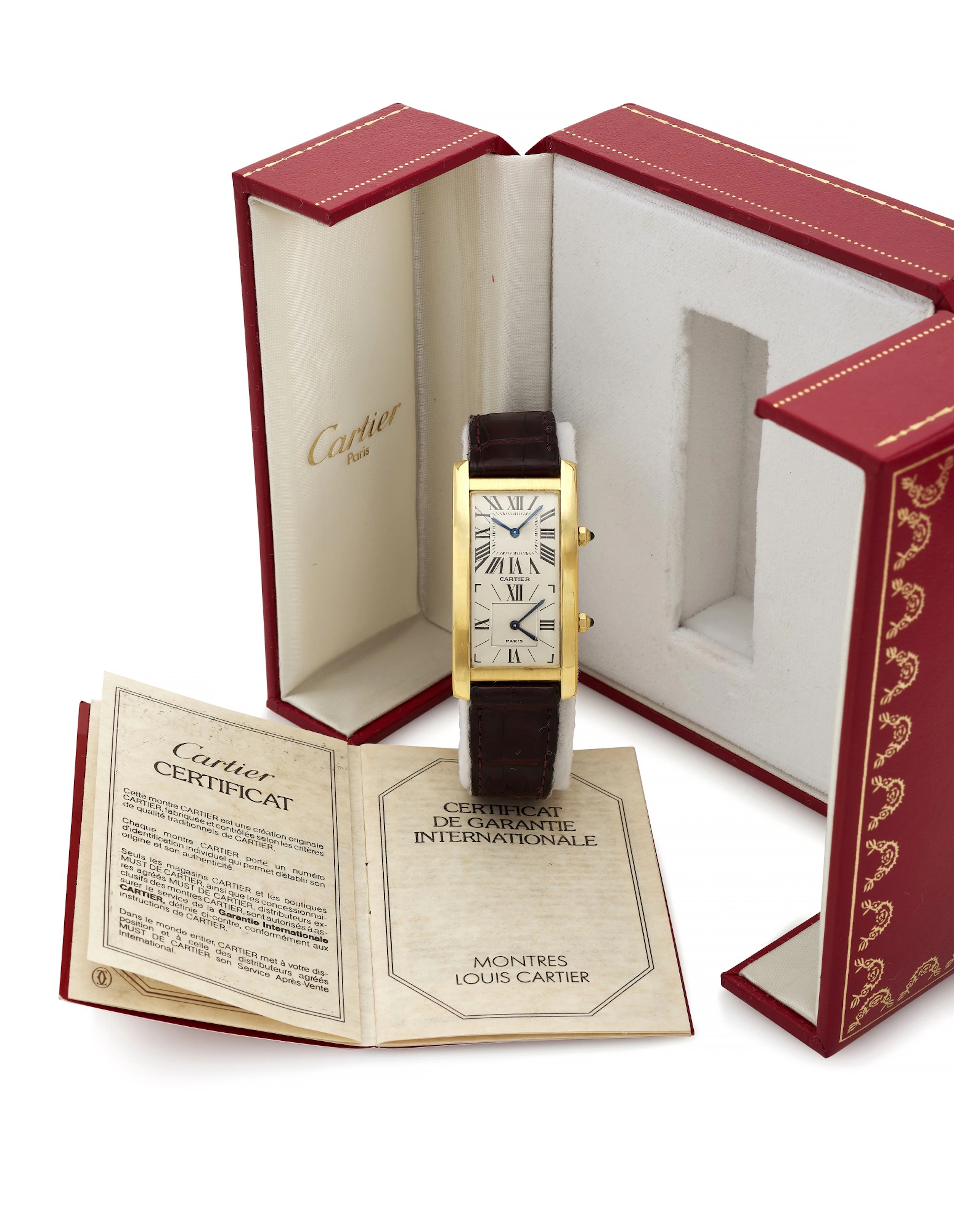 Tank cintrée yellow gold rectangular wristwatch with dual...