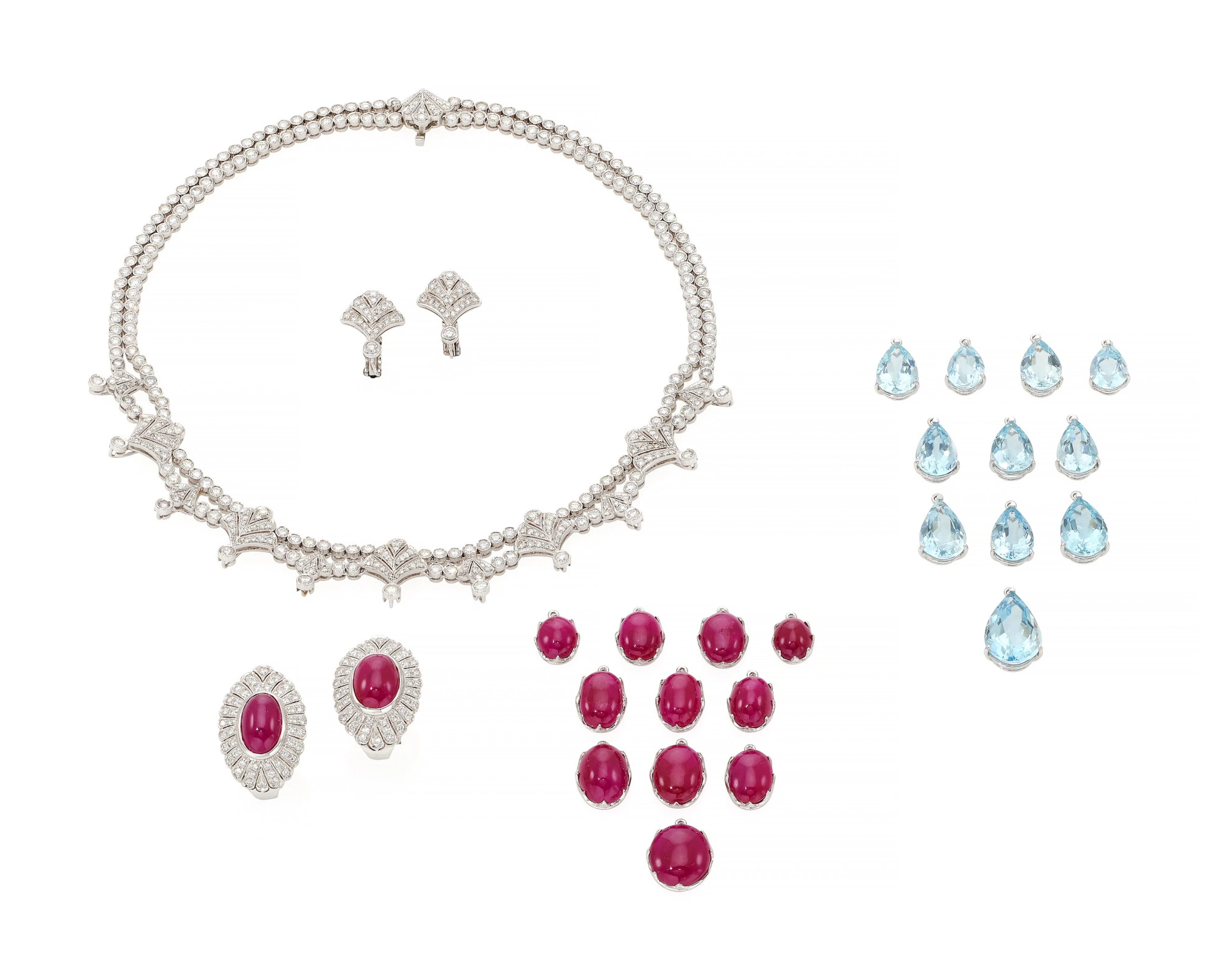 Ruby, aquamarine and diamond demi-parure (demi-parure in rubini