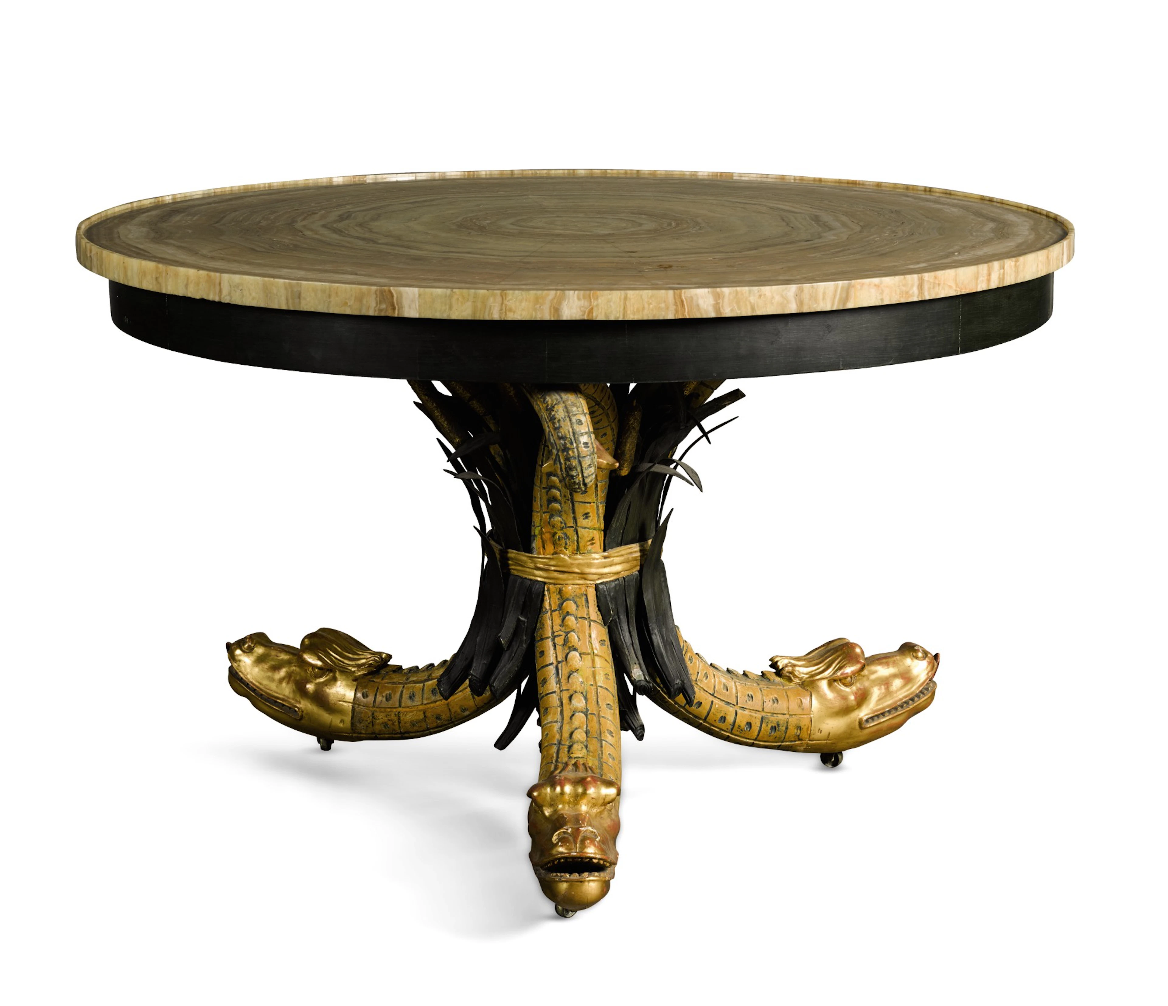 A giltwood and ebonised centre table with circular alabaster top