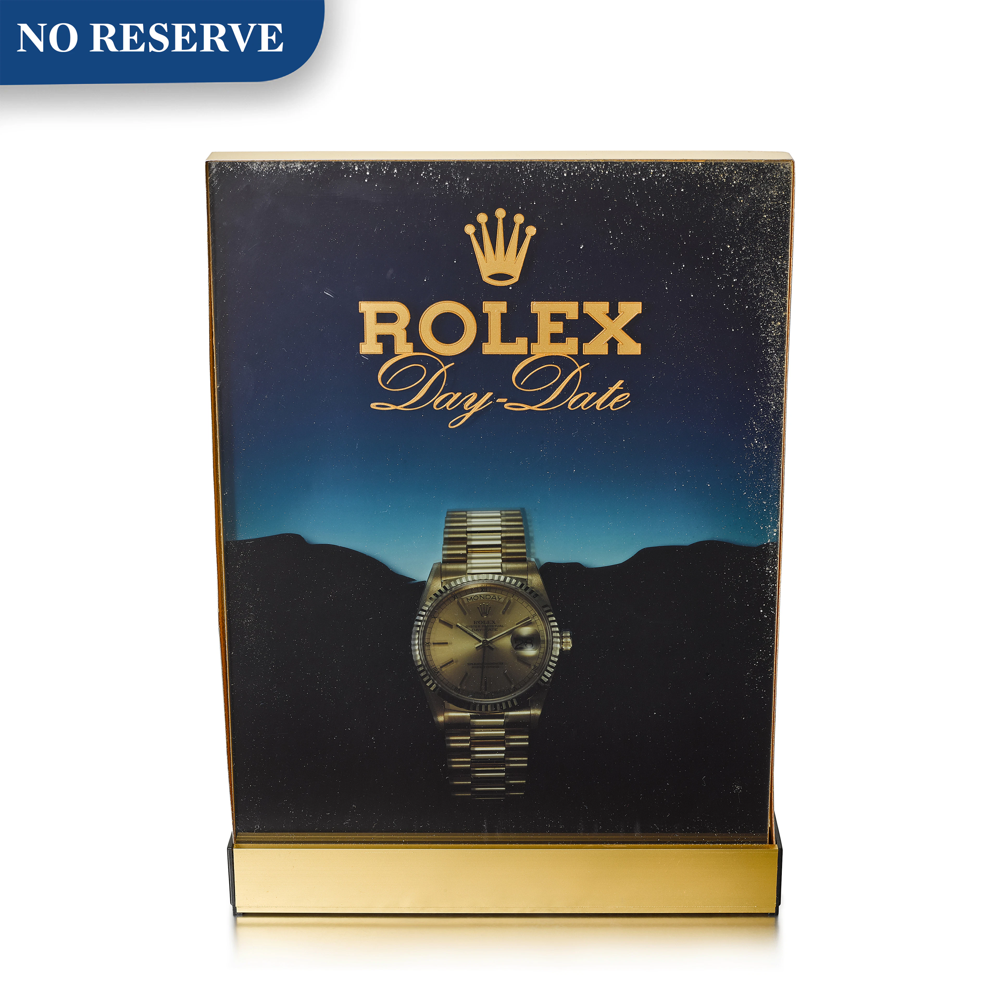 Rolex | day-date a heavy gilt brass retailer's light box with advertisement