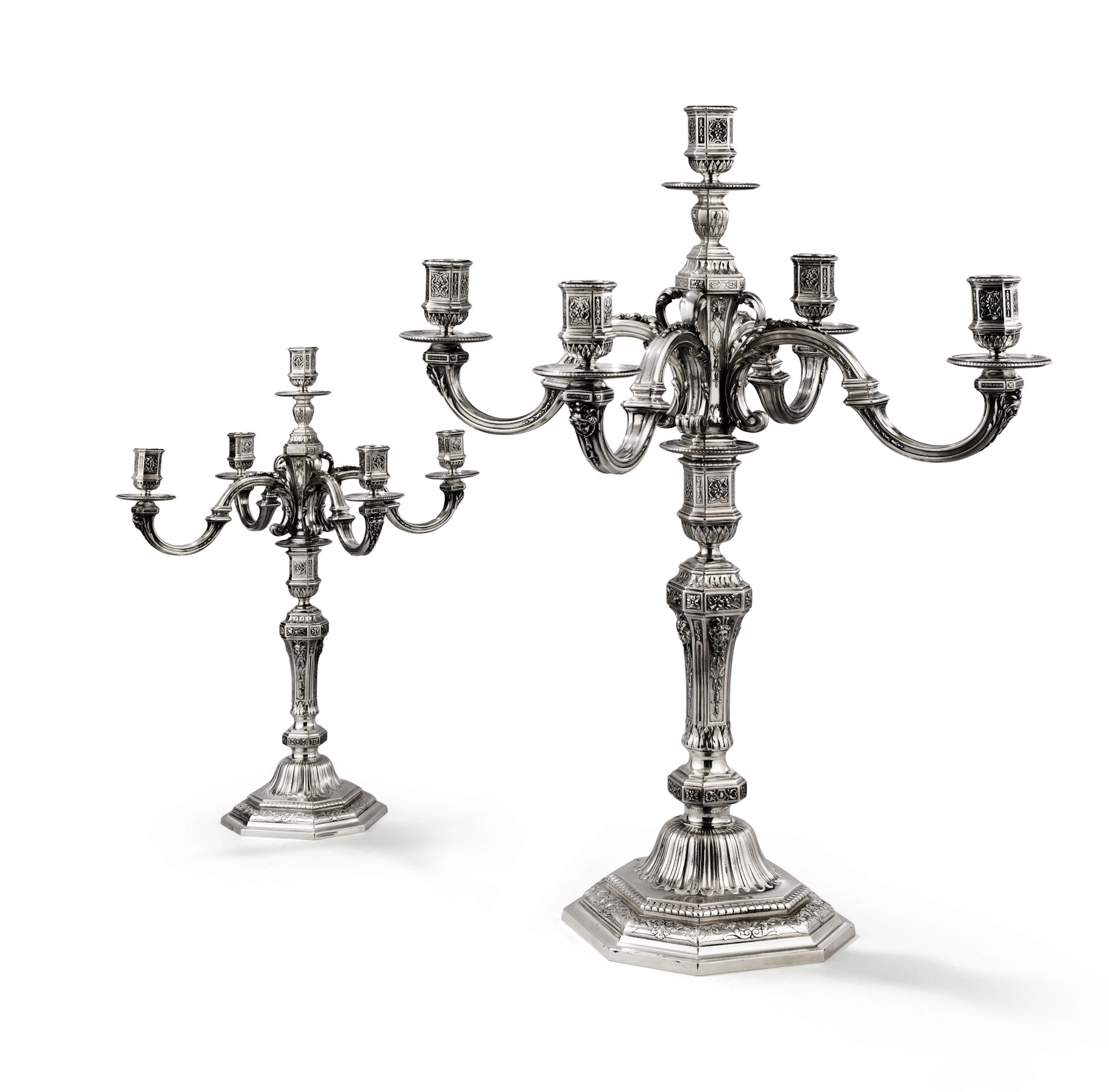 A pair of large silver five-light candelabra in the régence style
