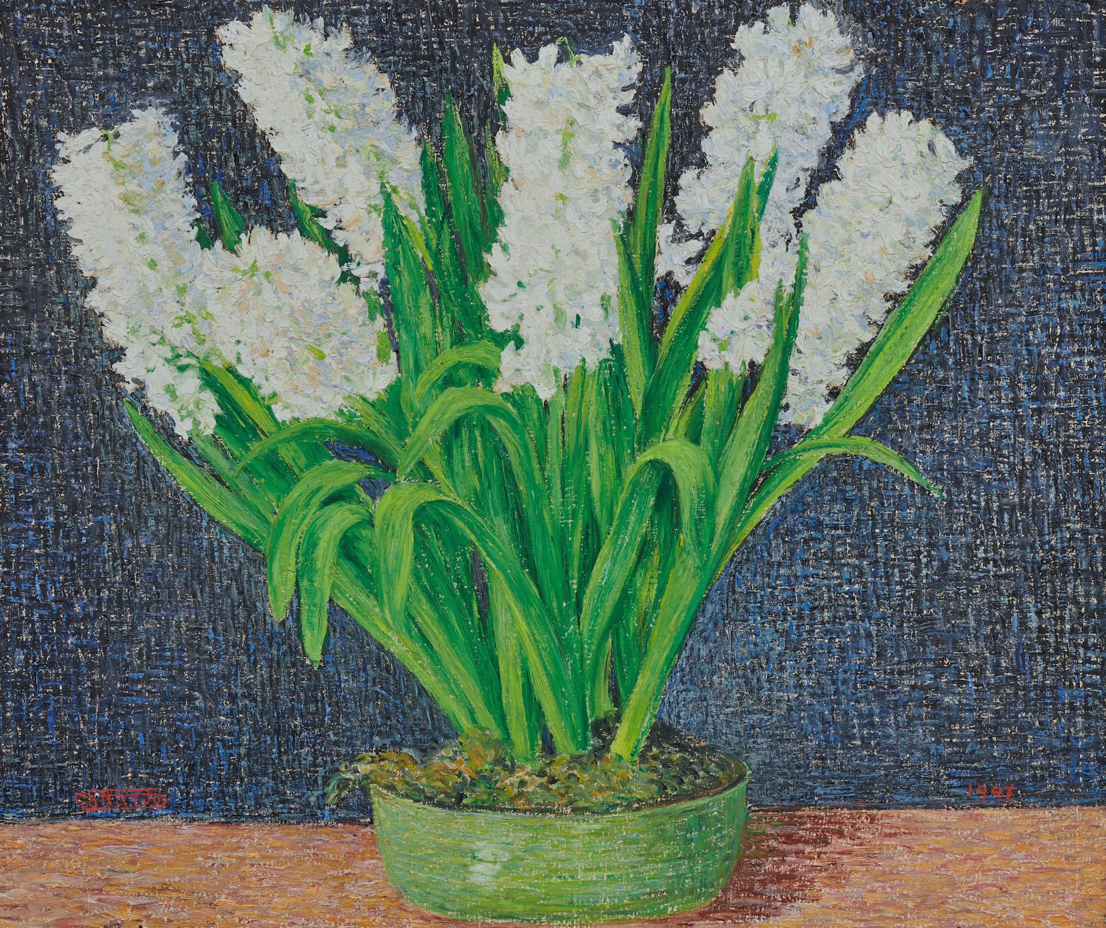 Gottardo segantini | weisse hyazinthen in grünem topf, 1947