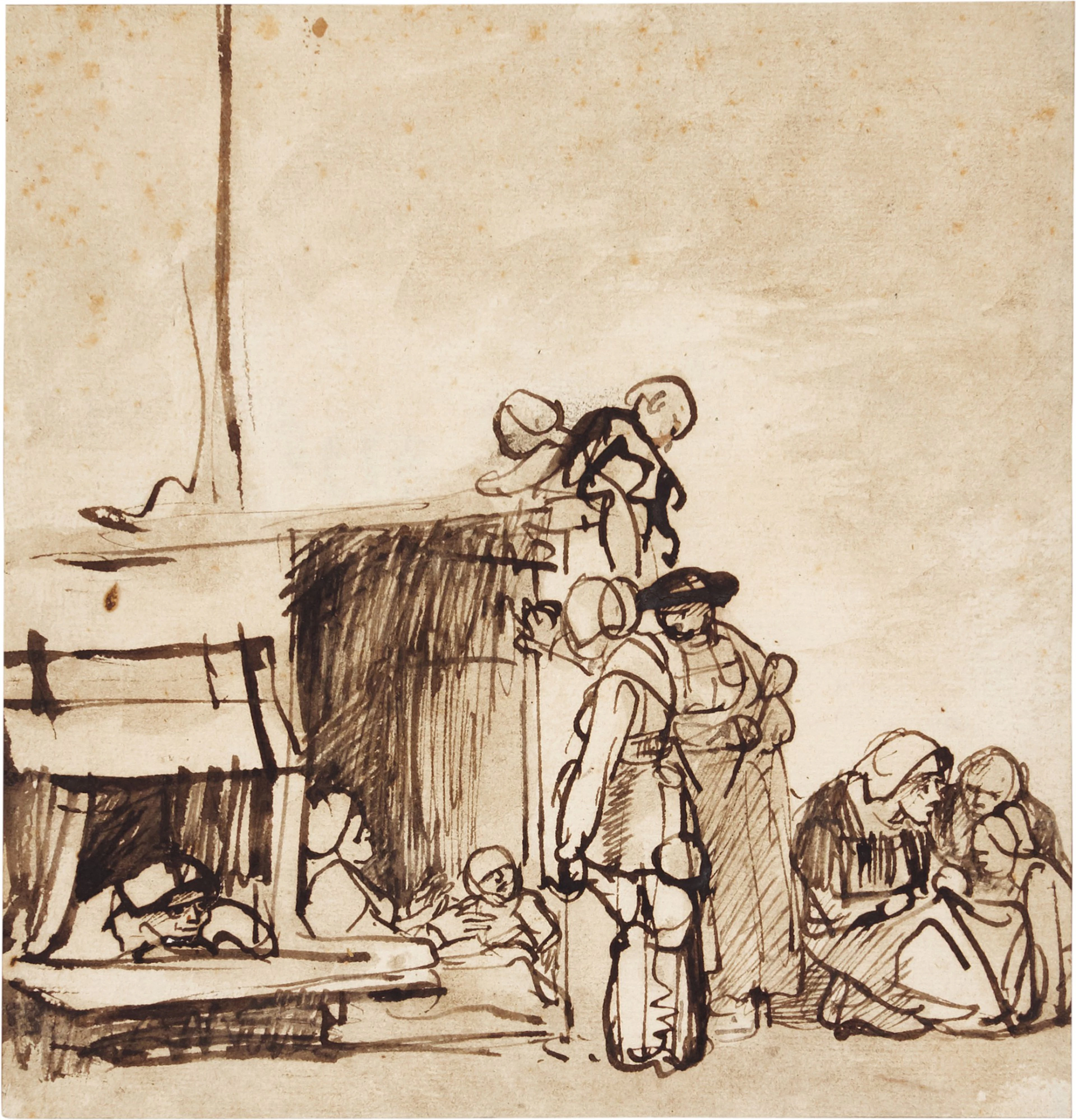 Attributed to carel fabritius | peasants gathered outside a hut