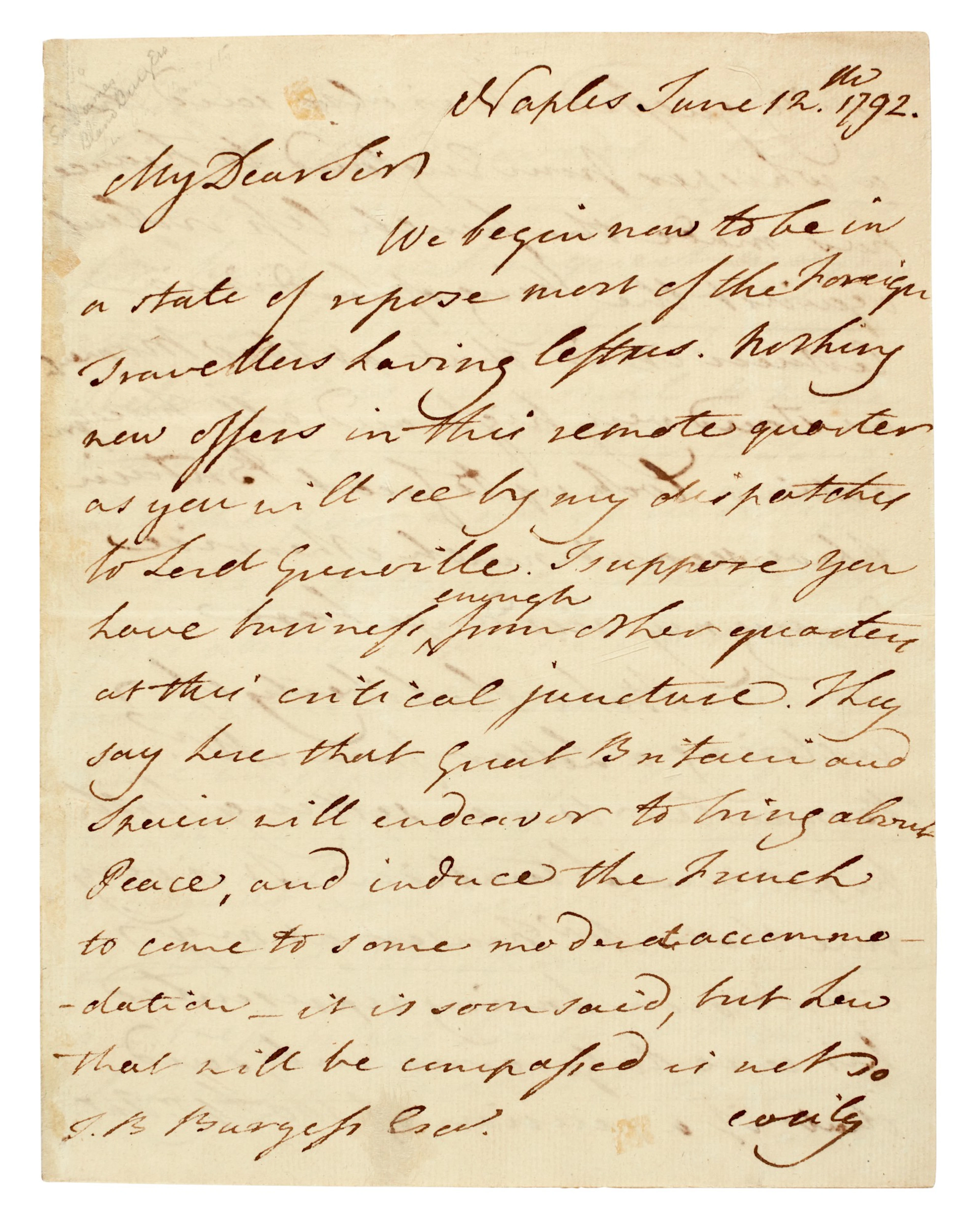 SIR WILLIAM HAMILTON | autograph letter signed, to J.B. Burgess, 1792