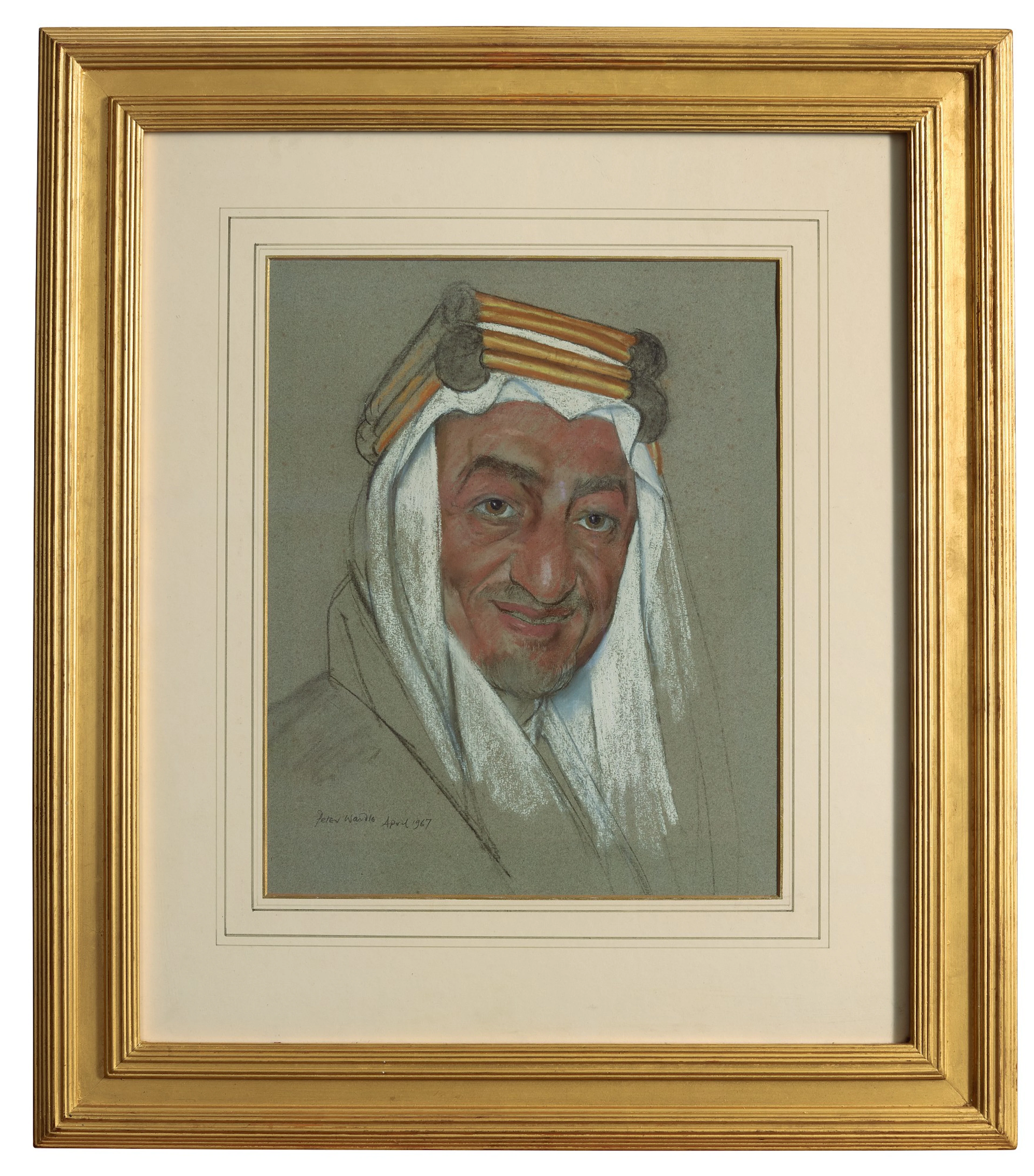 Saudi Arabia. Portrait King Faisal, pastel on paper, framed and glazed