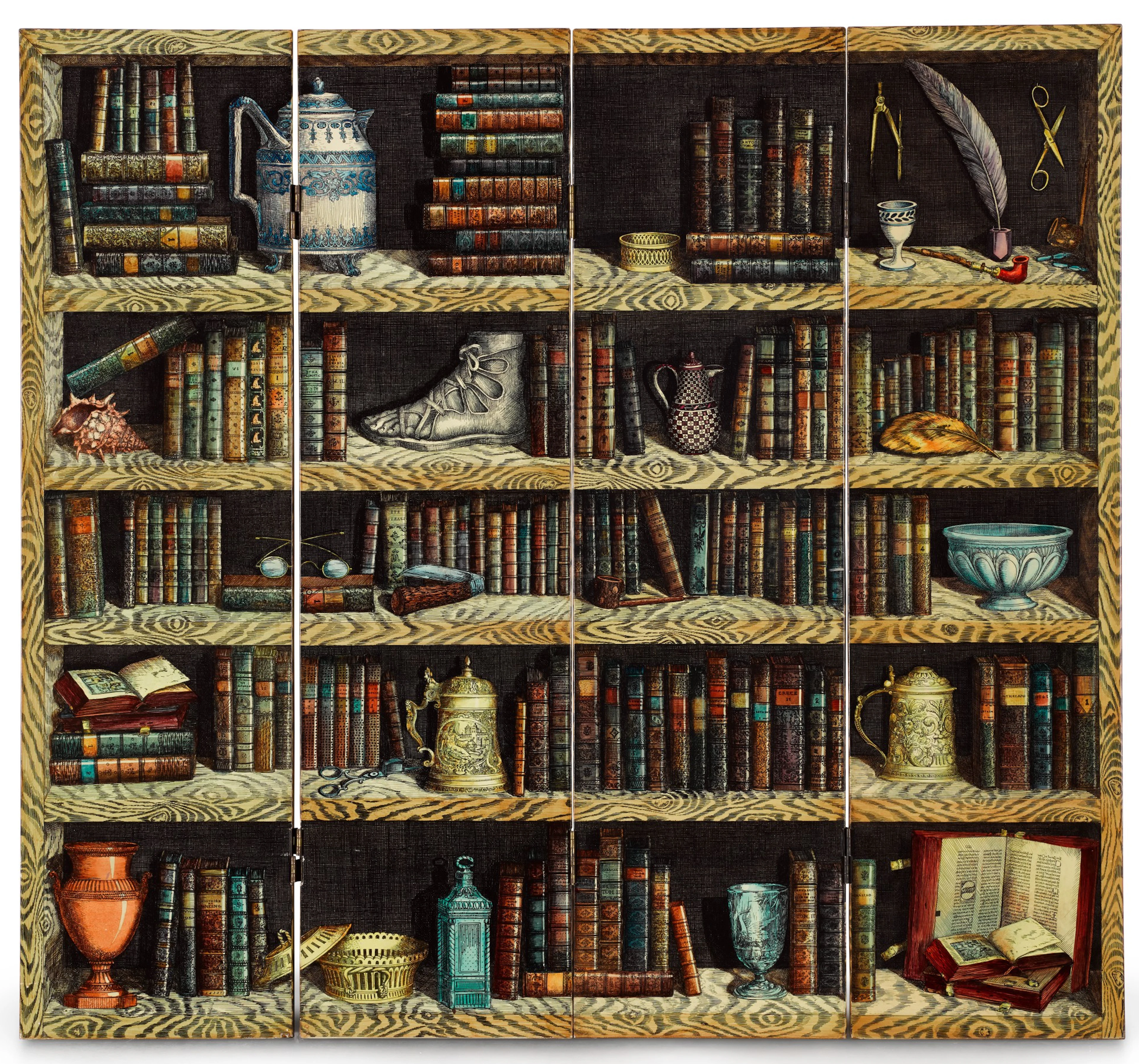 An italian 'strumenti musicali' and 'libri' four-fold screen