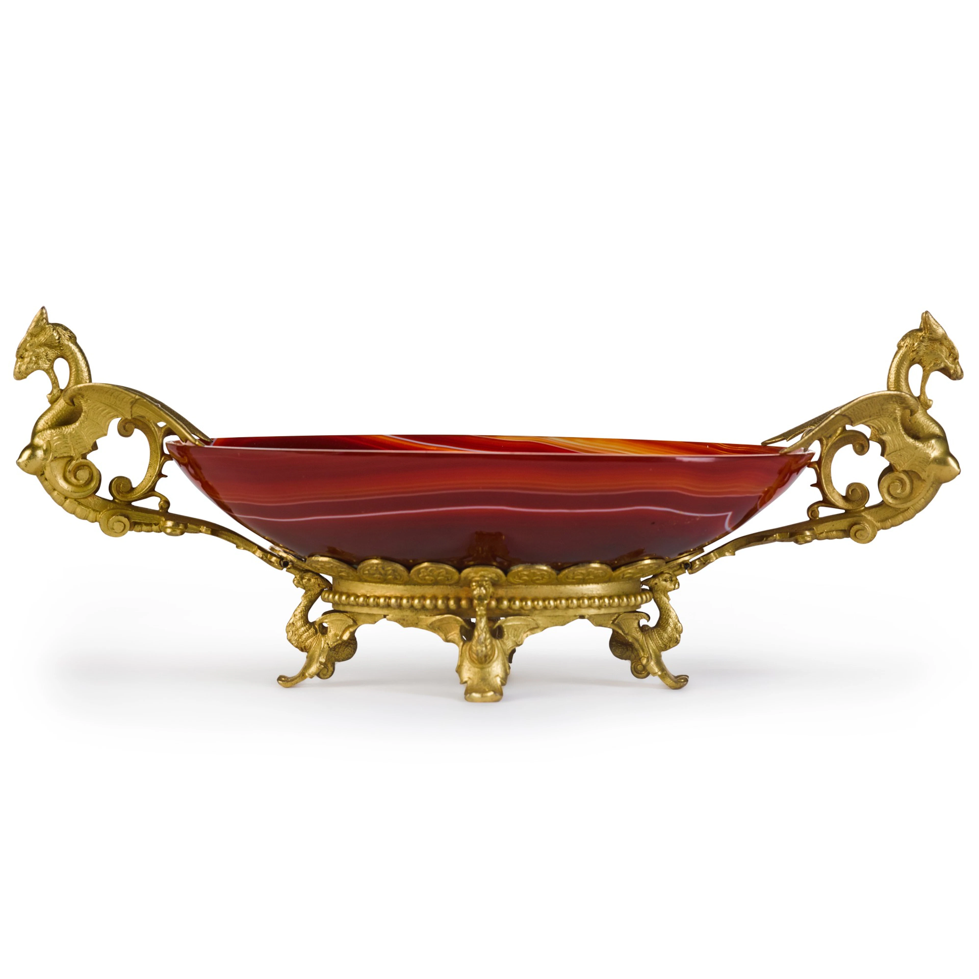 A french gilt-bronze mounted red agate two-handled oval tazza, circa 1870
