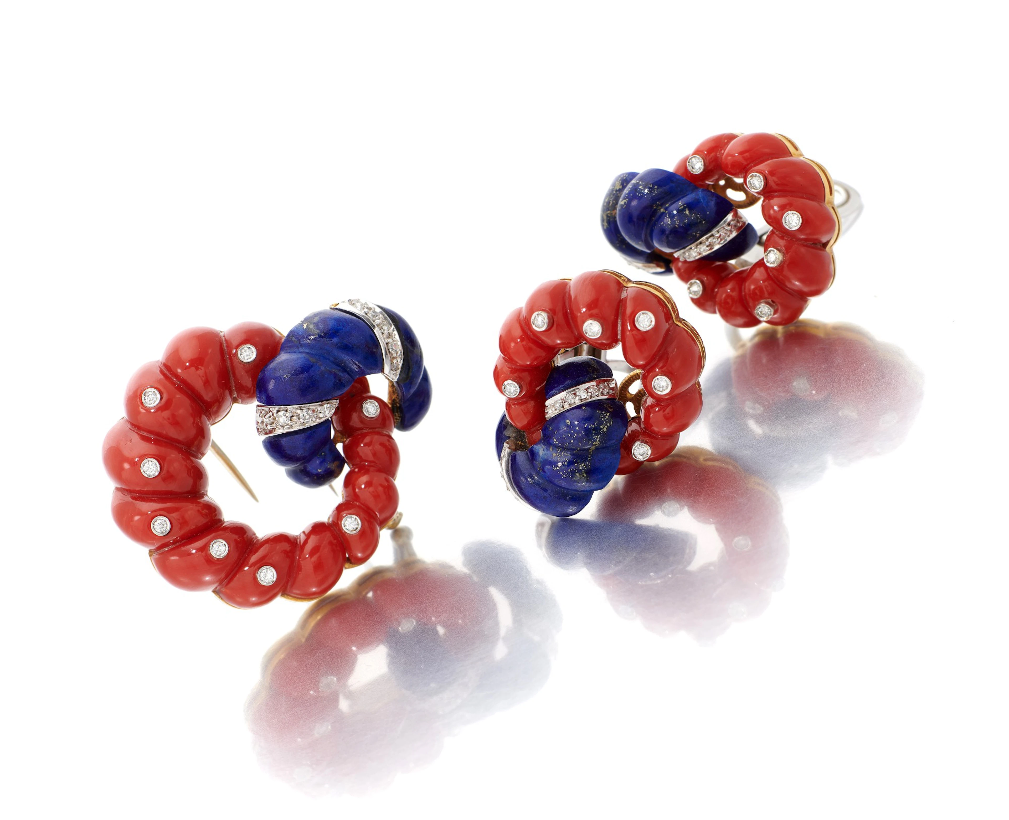 Coral, lapis lazuli and diamond brooch an pair of...