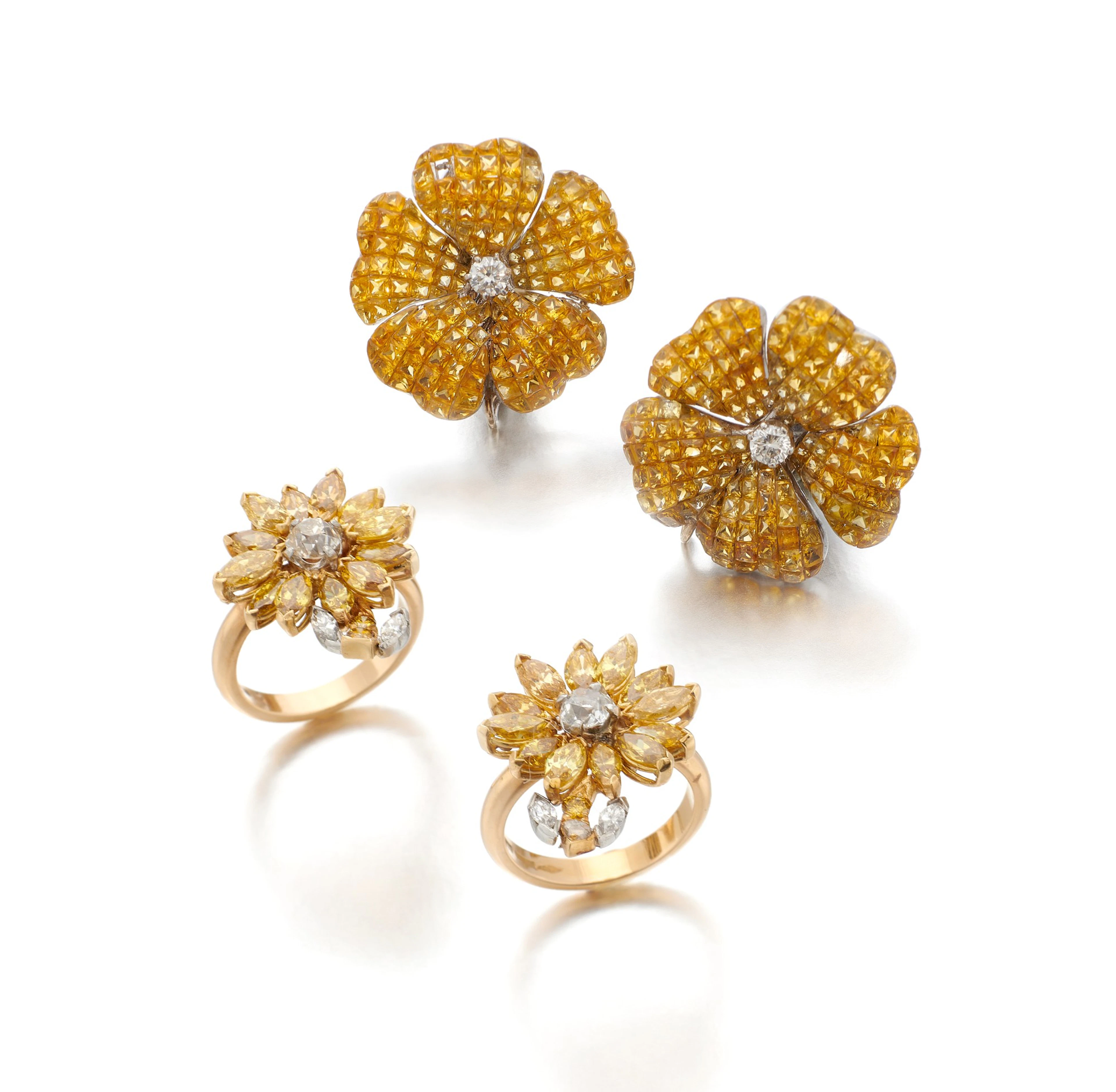 Pair of yellow sapphire and diamond earrings and two...