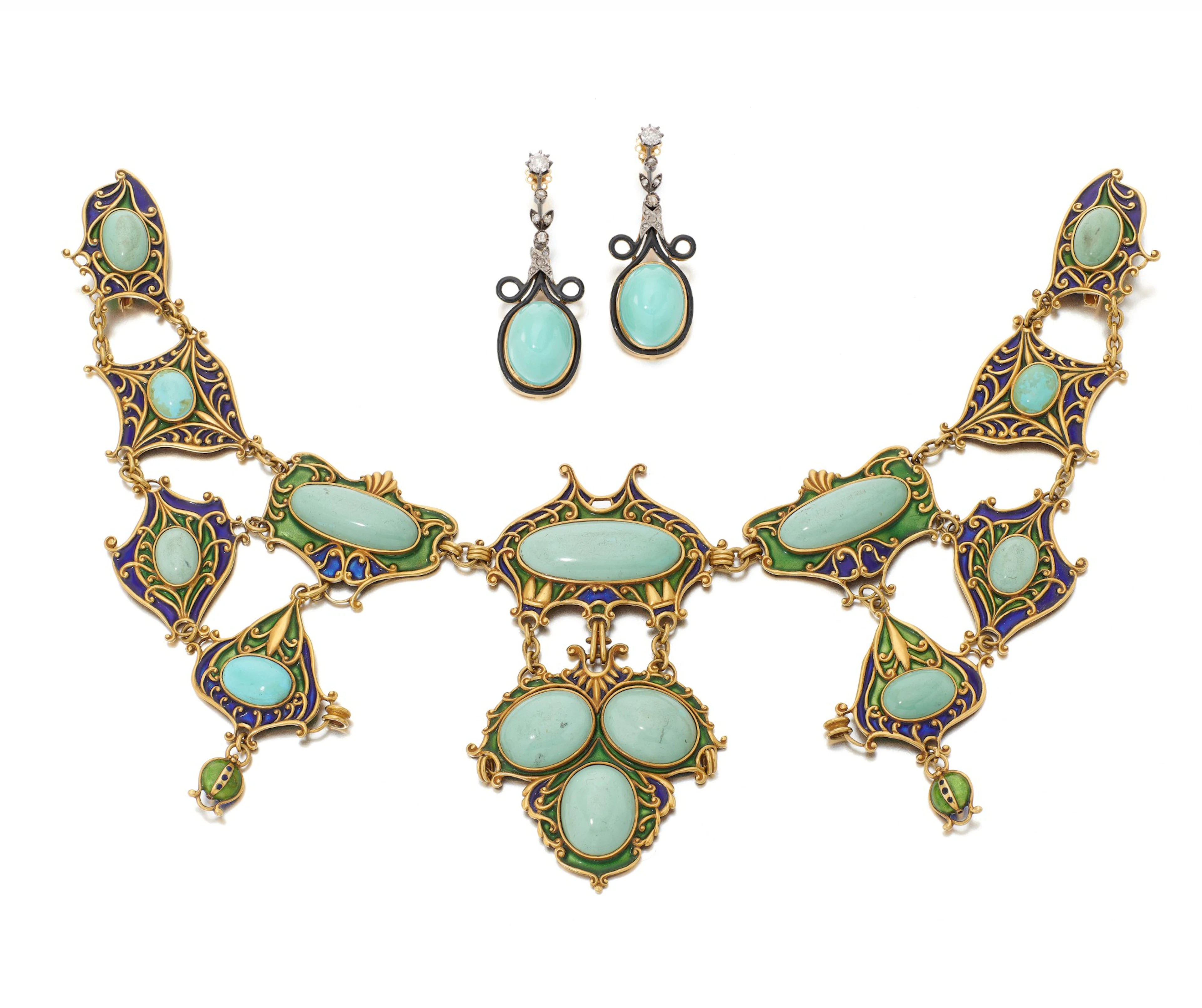 Turquoise and enamel devant-de-corsage and pair of...