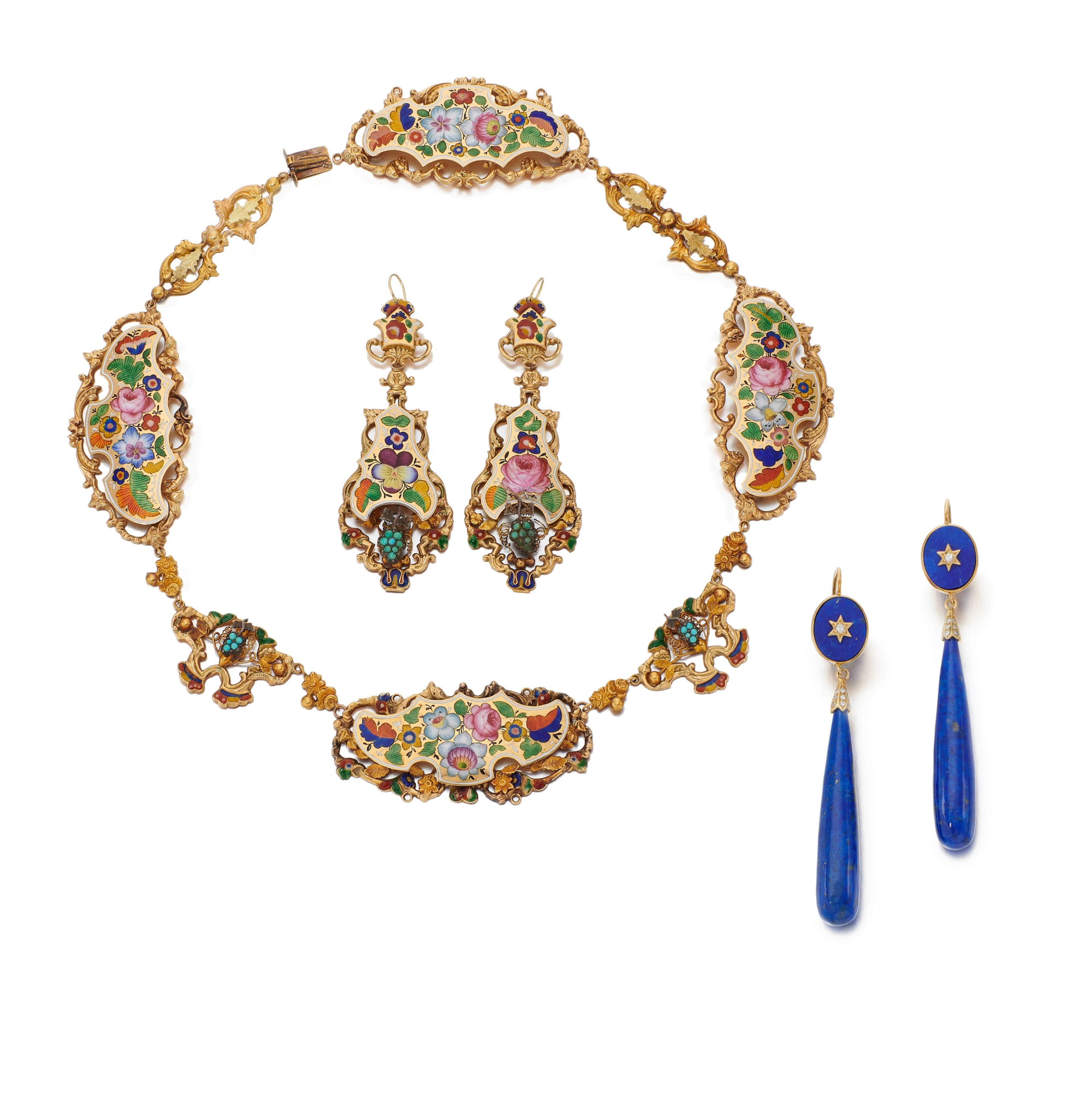 Enamel demi-parure and pair of lapis lazuli earrings...