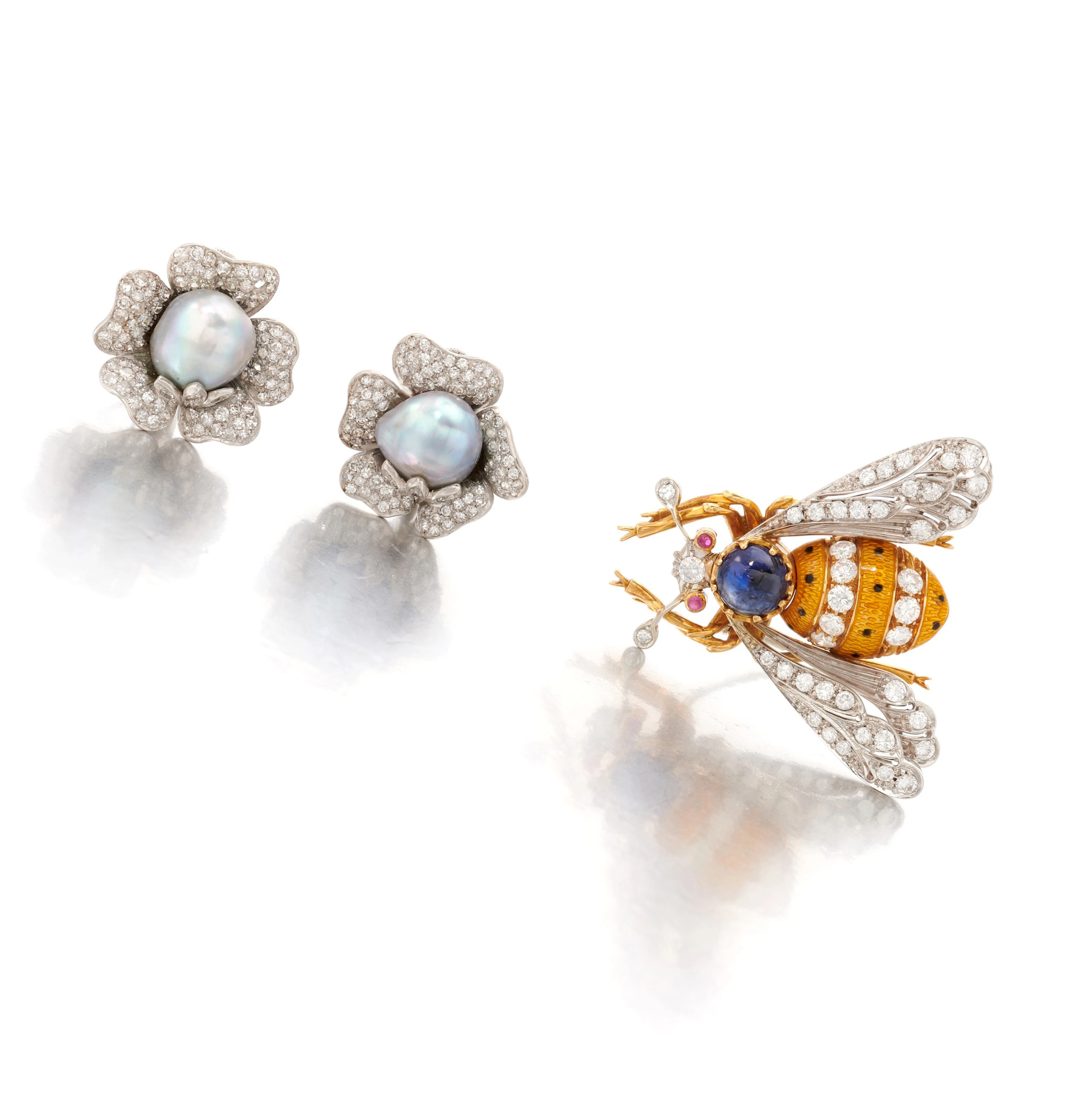 Pair of cultured pearl and diamond earrings and gem-set...