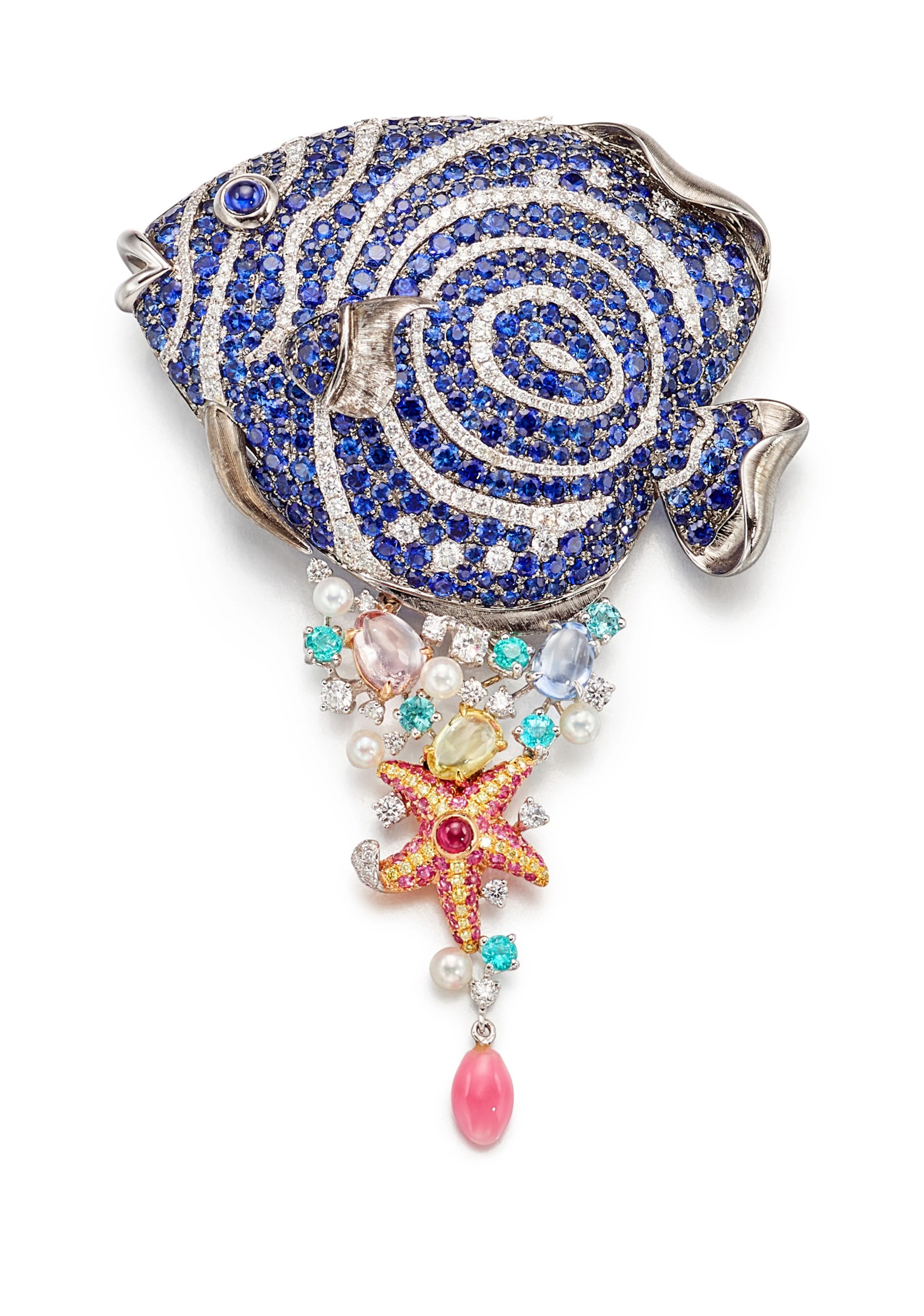 Gem set, conch pearl, cultured pearl and diamond brooch | 寶石, 海螺珠 配 養殖珍珠 及 鑽石 別針