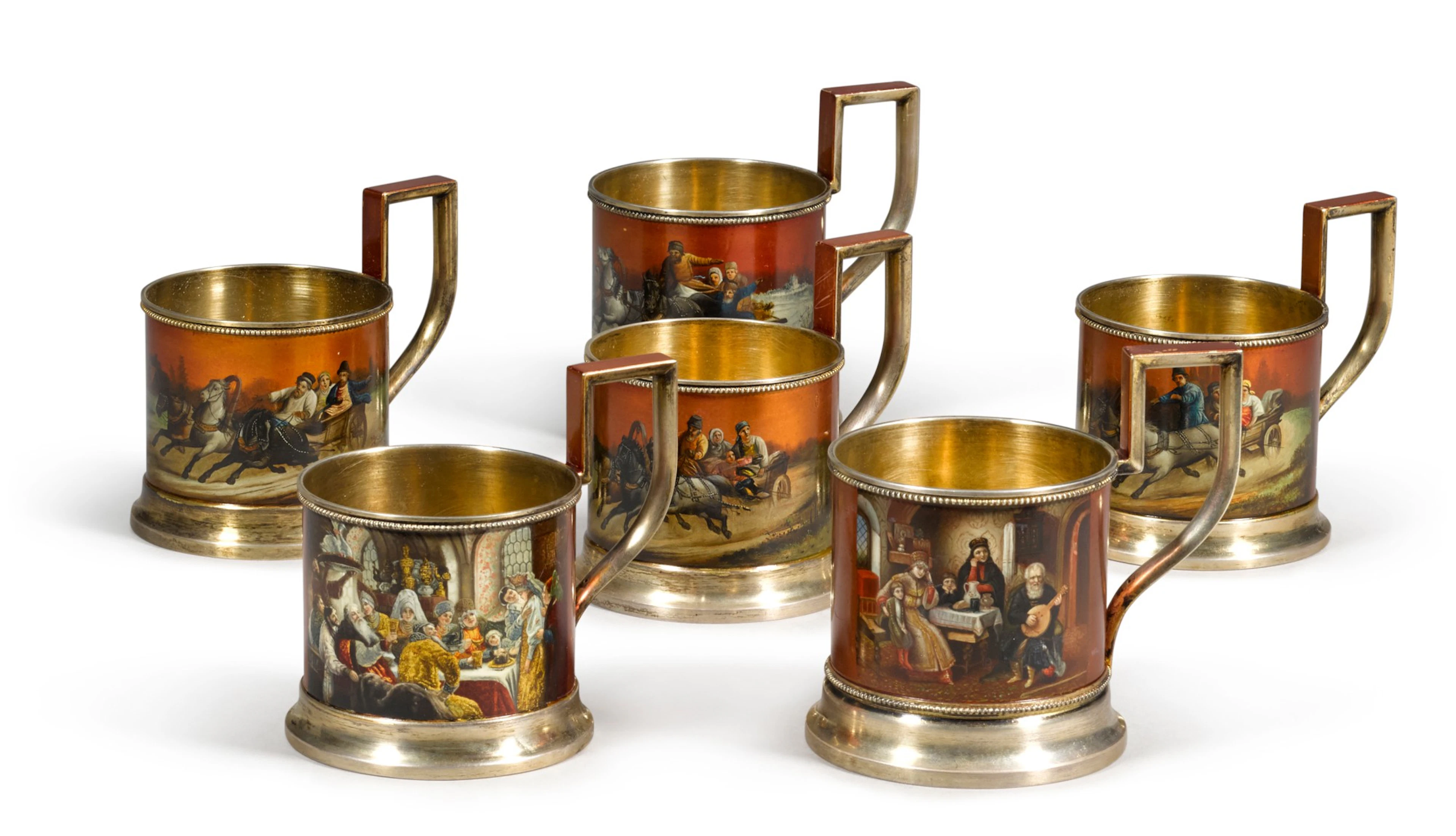 Six silver-gilt and pictorial lacquer tea glass holders