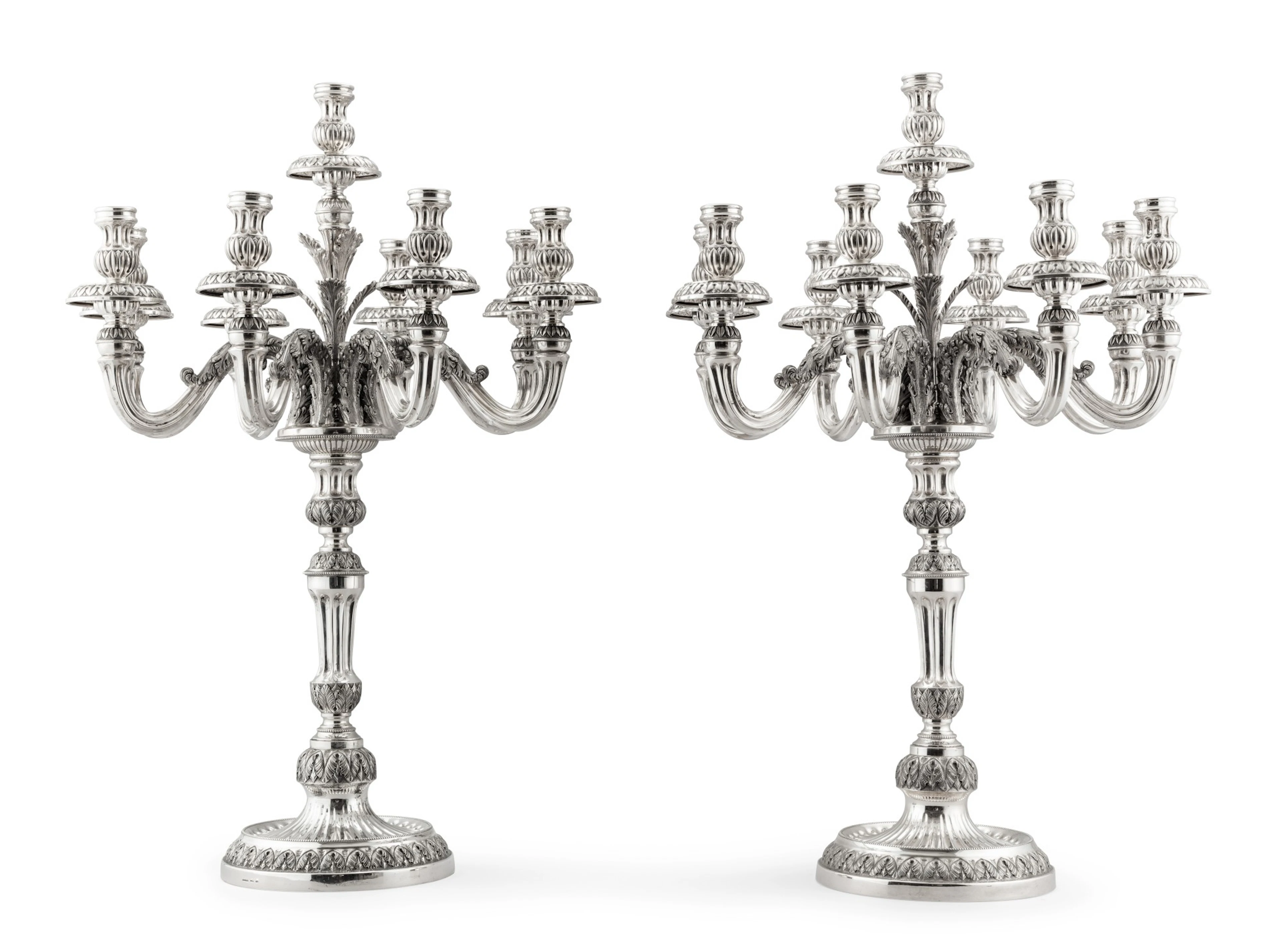 An Italian silver pair of large nine-light candelabra