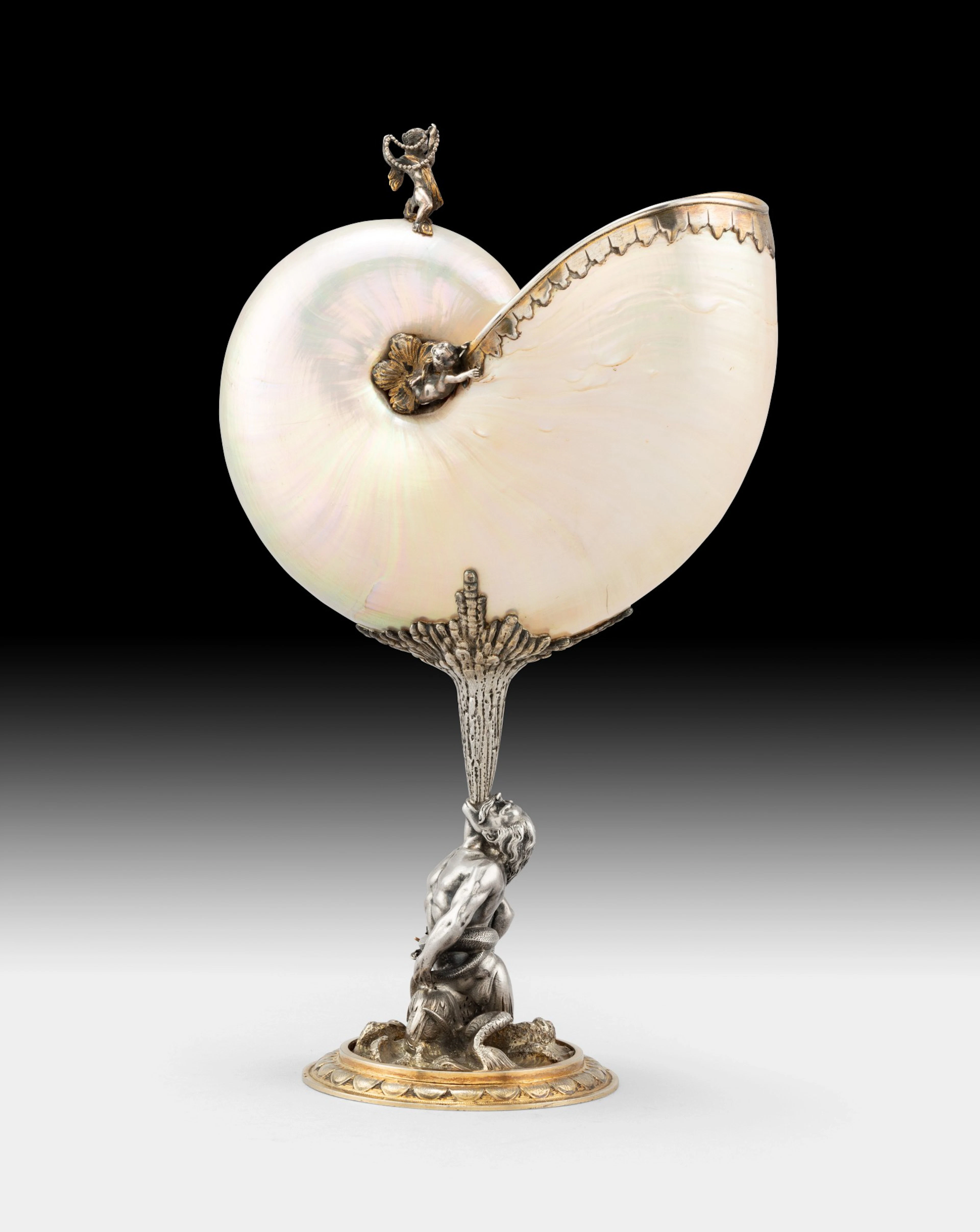 A nautilus cup with silver mounts